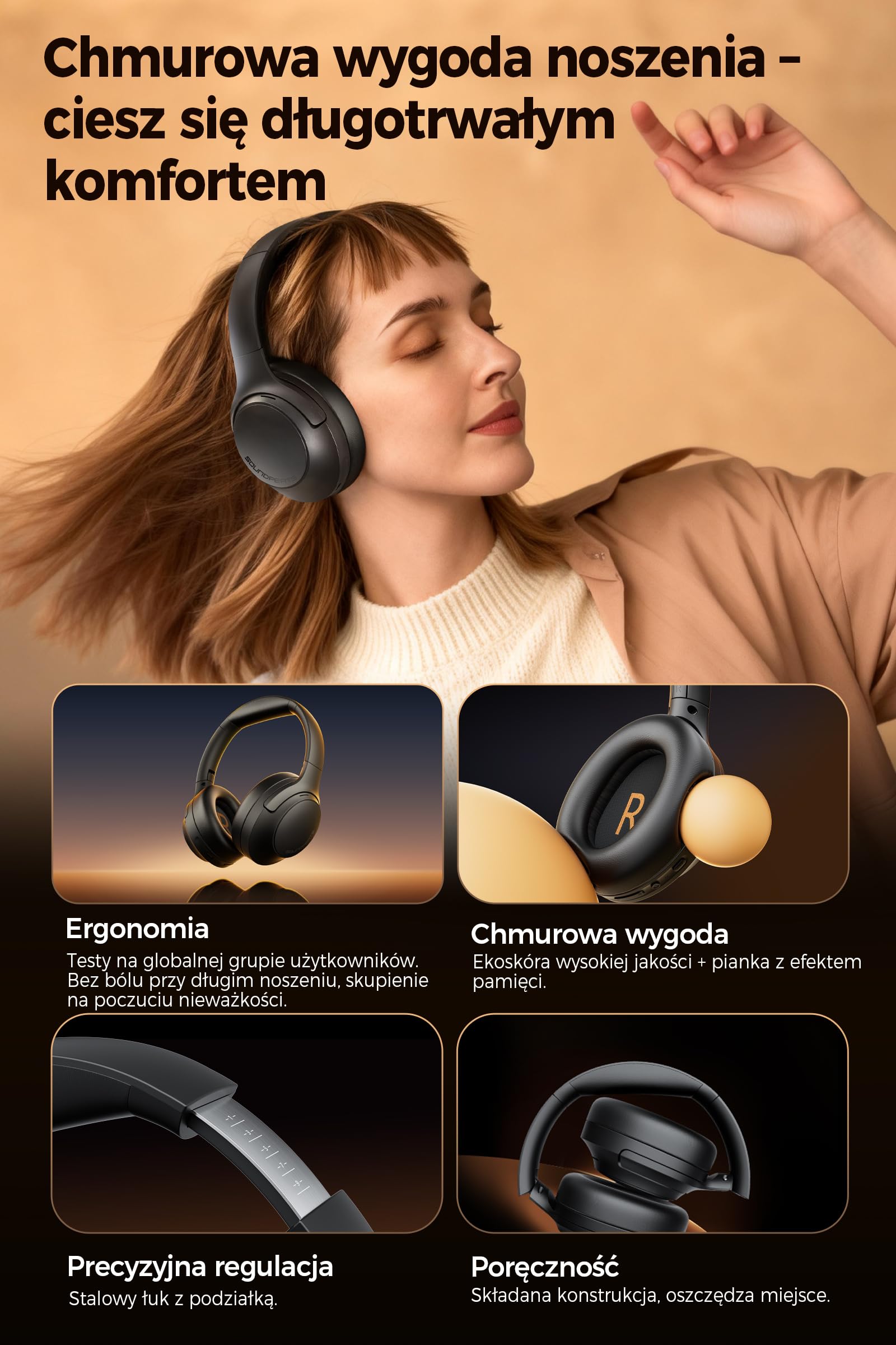 SOUNDPEATS Cove Pro Hybrid Słuchawki Nauszne z Aktywnym Tłumieniem Hałasu 7 Mikrofonów, Bezprzewodowe Słuchawki Bluetooth 6.0, Podwójny Certyfikat Hi-Res z LDAC, 95H Odtwarzania, Nastawny EQ
