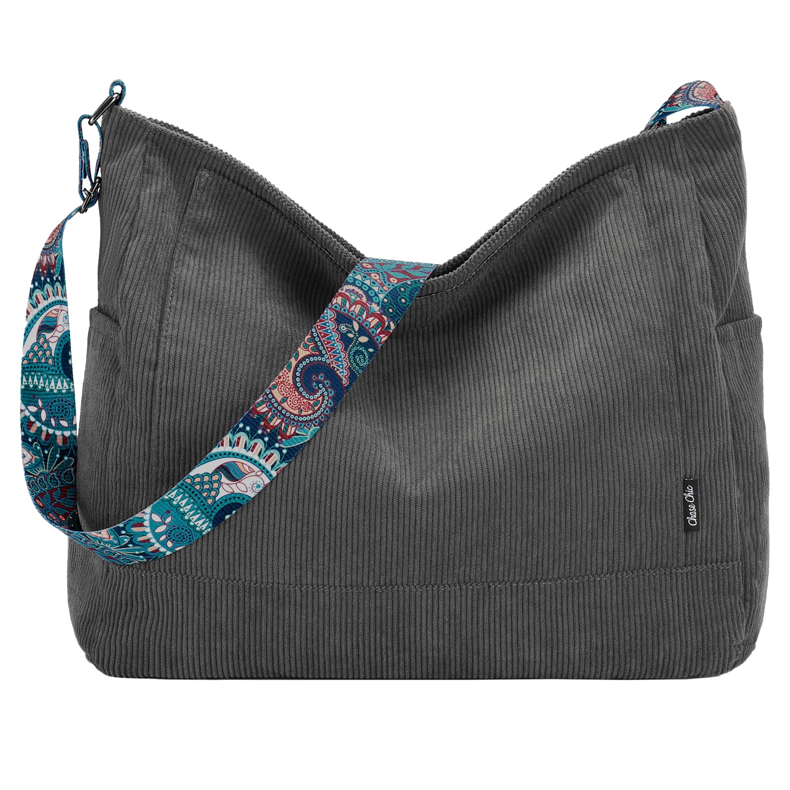 Chase Chic Corduroy Tote Bag for Women, Large Messenger Bag Crossbody Hobo Bag Casual Convertible Shoulder Bag Multi-pocket Handbag Purse with Zipper for Work,Travel Gray