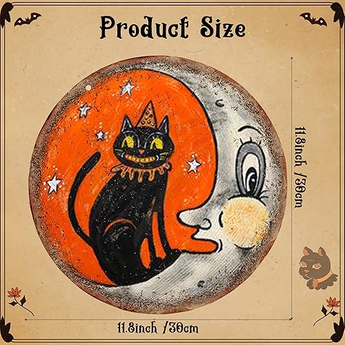 Miniatura 2 de Decoración de Halloween con diseño de gato y luna, decoración de madera para colgar en la pared, letrero de bienvenida de madera, suministros para