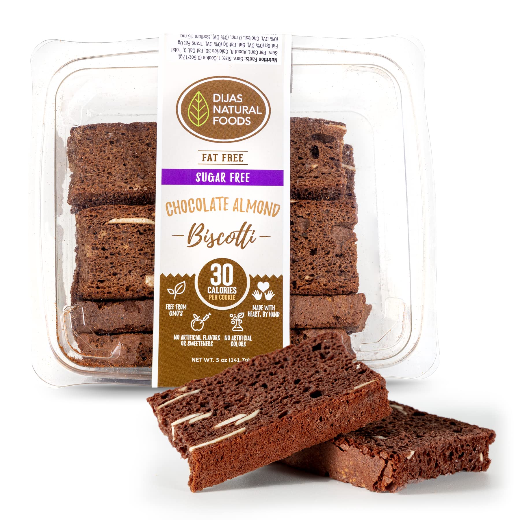 Crunchy Sugar-Free Biscotti Cookie, All Natural, Fat Free, Preservative Free Ingredients, Delicious Low Calorie Snack (5 Ounces, Chocolate Almond)