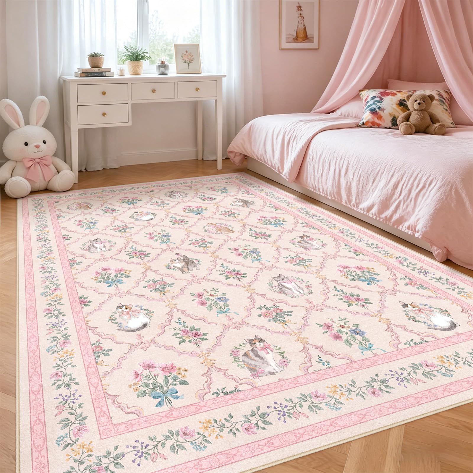 Hroza Light Pink Bedroom Rugs 6x9 Aesthetic Cute Boho Floral Cat Feminine Low Pile Soft Carpet Machine Washable Stain Resistant Area Rugs for Kids Room Nursery Playroom Living Room Office Indoor