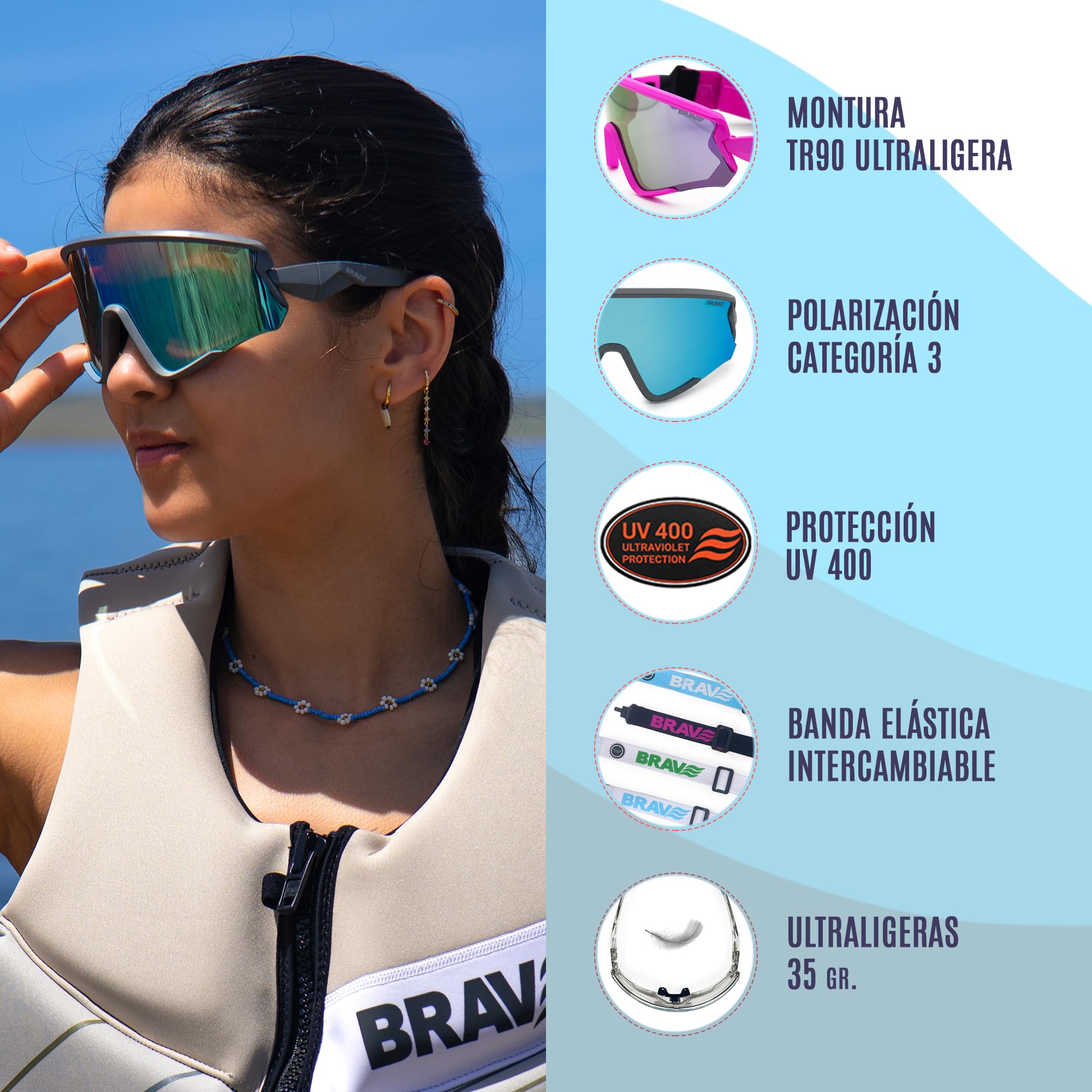 BRAVE RIFT – Gafas deportivas Fotocromáticas o Polarizadas con Lente PC UV400 – Patillas y Cinta Ajustable Intercambiables – Doble Espuma Sellado Agua/Nieve – Set Completo