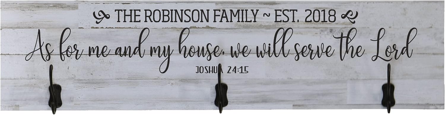 LifeSong Milestones Personalized As for Me and My House Wall Mounted Coat Rack with 3 Hooks for Jackets, Hats, Scarves, Clothes,Towels with Inspirational Scripture Wall Quote (Distressed White Plank)