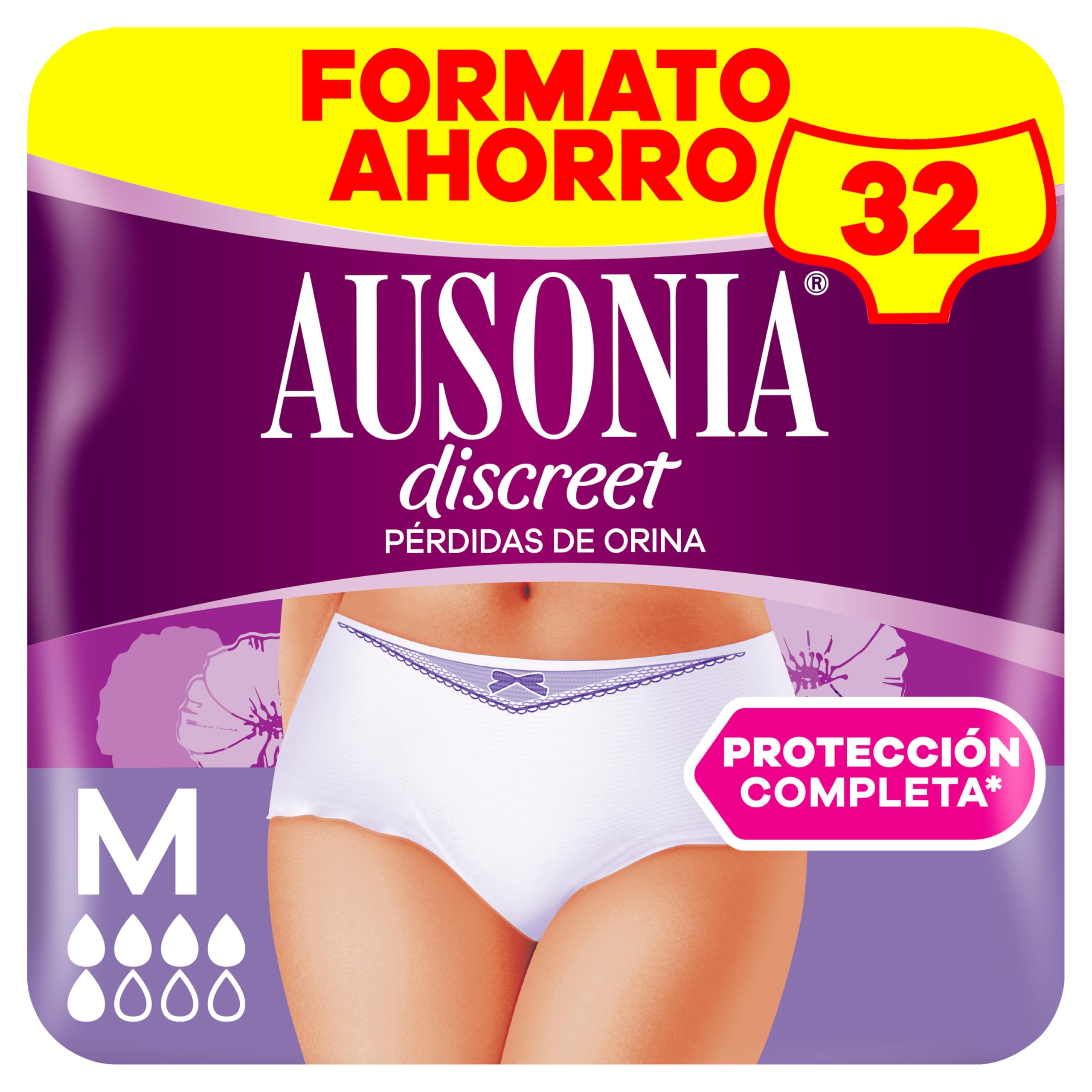 Ausonia Discreet Braguitas Para La Incontinencia Cintura Baja, Talla M, Pack de 32, Bloquea Pérdidas Y Olores, Cómodas Y Discretas