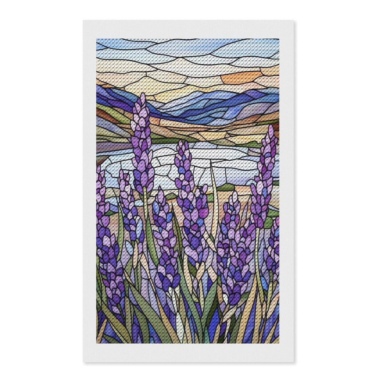 Junmoney Stained Glass Lavender Field Diamond Art Kit 12"x20", Vintage Style Decor, Stress Relief Craft, Decor Project, Relaxing DIY, Creative Hobby