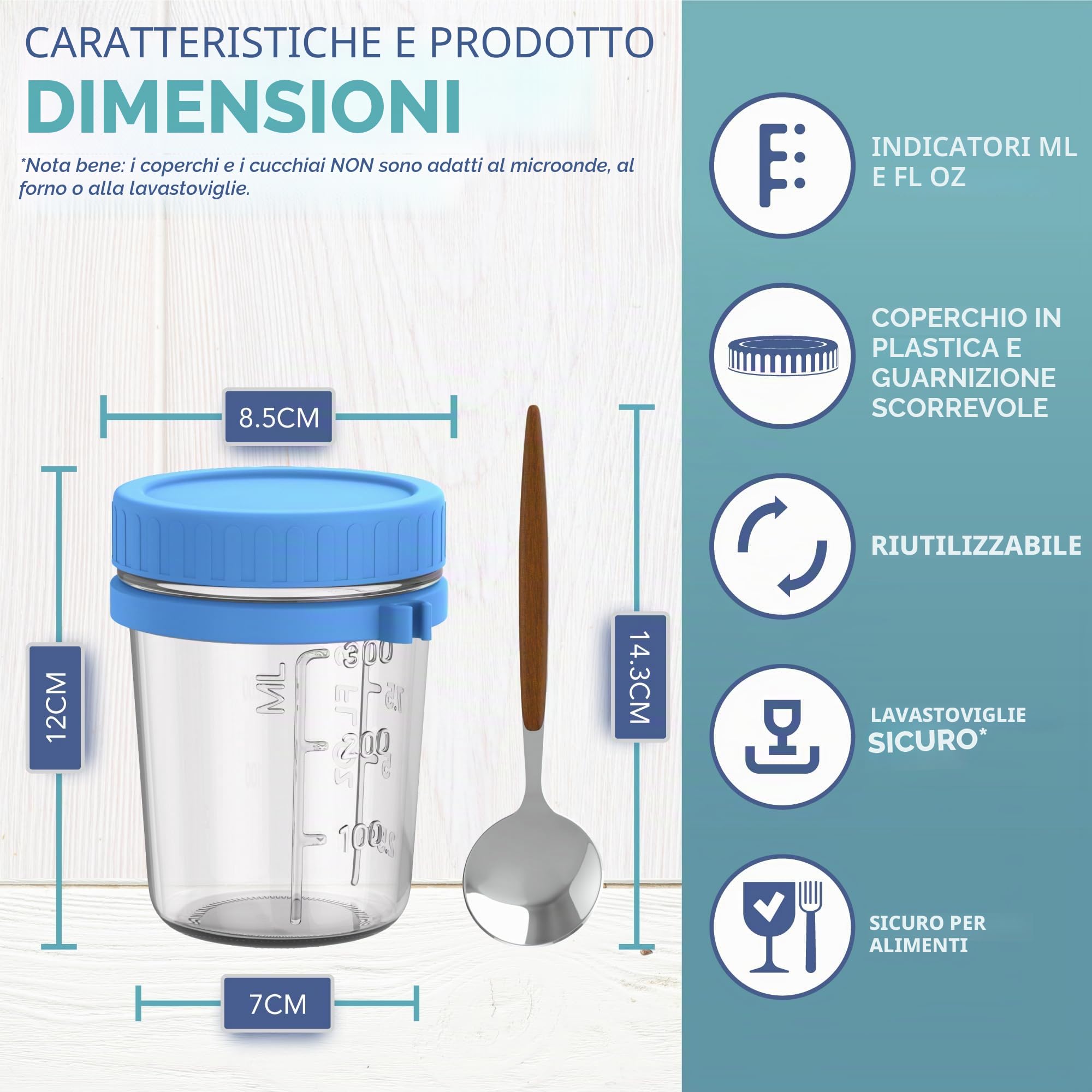 HEFTMAN Overnight Avena Barattoli con coperchio – 350 ml Barattoli ermetici per la colazione in vetro con cucchiai (confezione da 4)