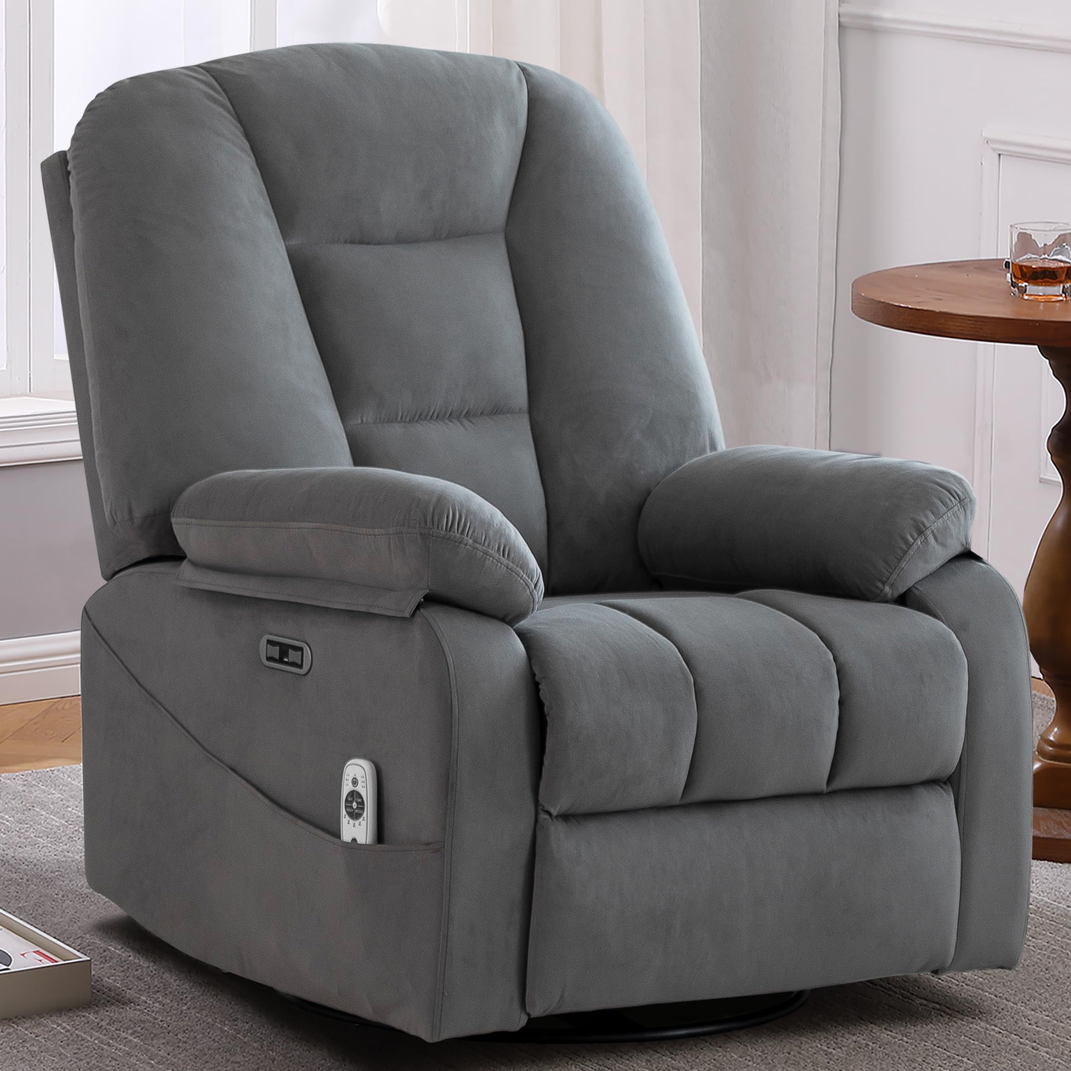 Power Swivel Rocker Recliner Chair for Adults,Rocking Reclining Chair for Living Room with Massage, Electric Fabric Recliner Sofa Chair with USB and Type-C Port (Gray)