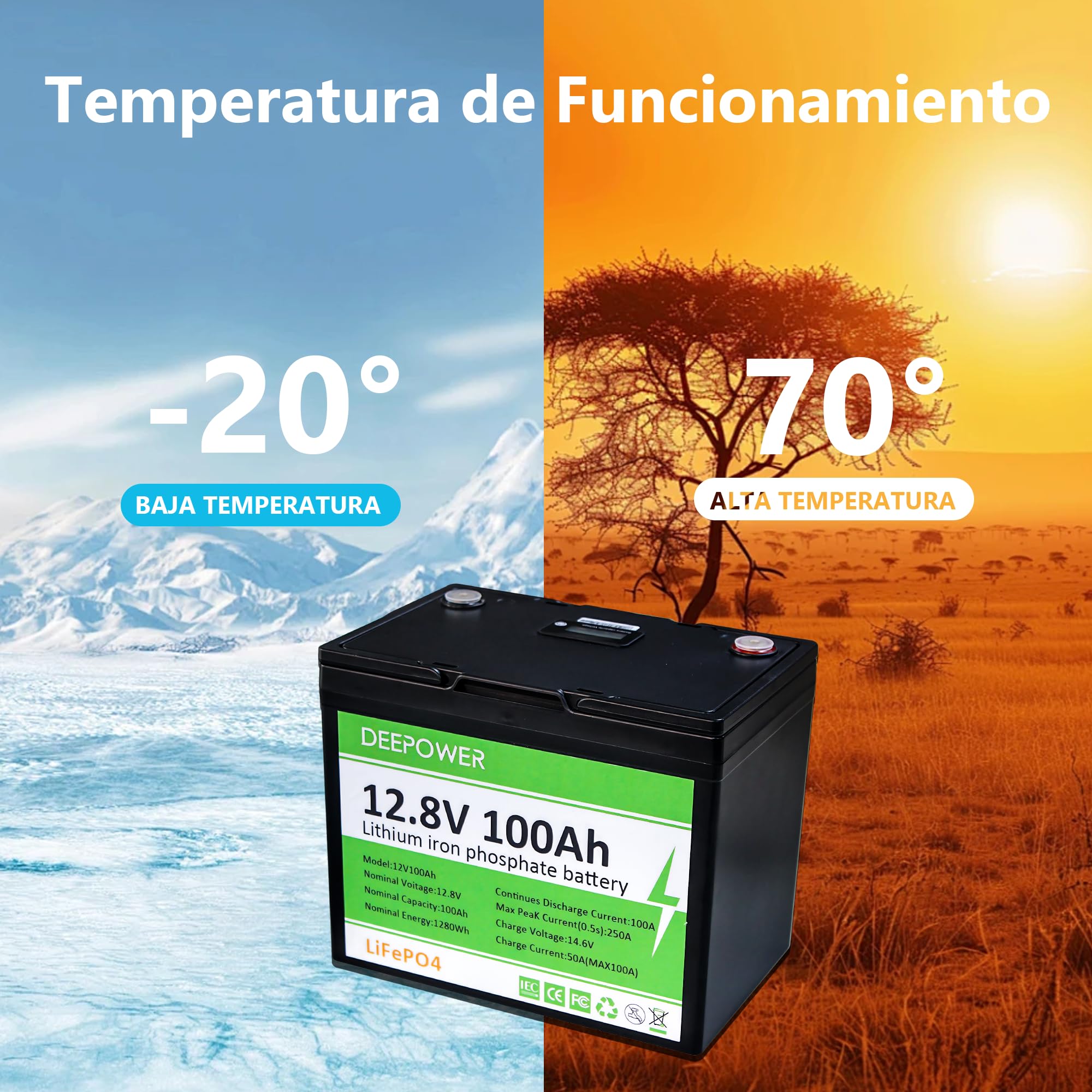 12V100Ah LiFePO4 Batería con Indicadores LED, 15000 Ciclos Profundos, 100A BMS, Celdas de Grado A, 1280Wh Energía, para RV, Camping, Sistemas Solares, Barcos y Off-Grid (12V 100AH LED)