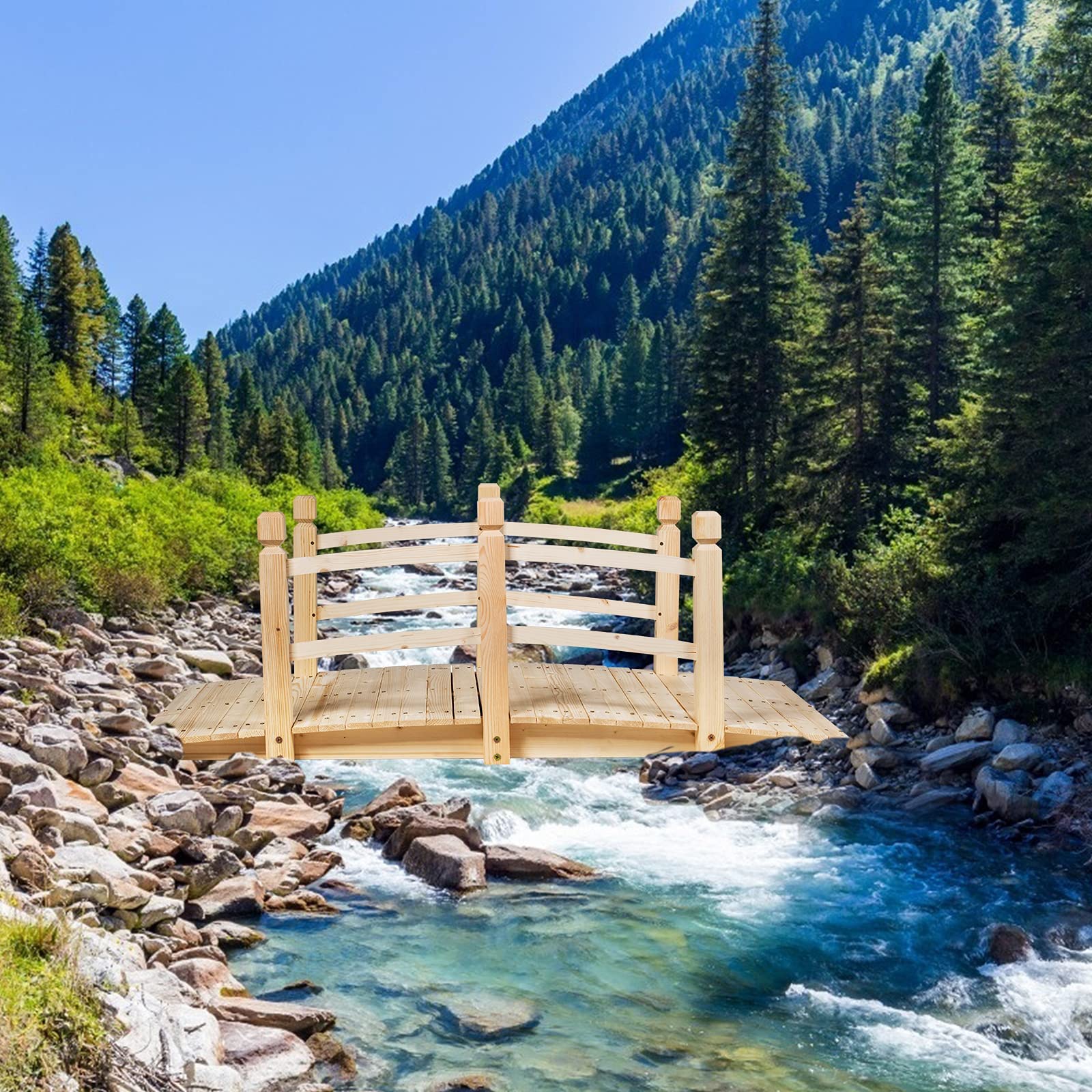GOPLUS Puente de Madera Rústica y Maciza con Mano Corriente, Decoración de Jardín, Puente de Estanque, Soporta Peso Máximo 100 KG, 150 x 67 x 55 CM, Natural