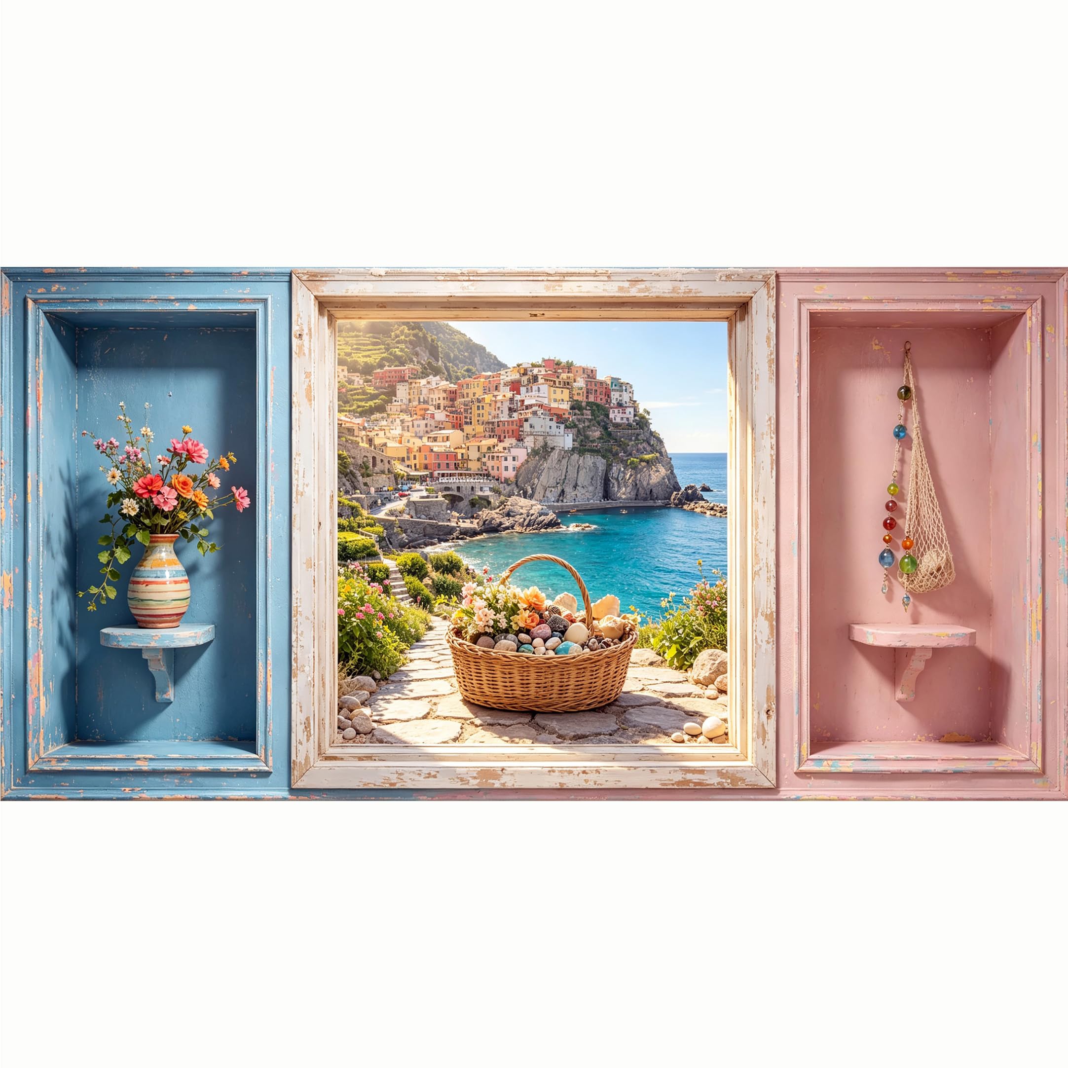 QZLITHOTIC 50x100cm 3D Framed Wall Art， Coastal Italian Village Landscape with Floral Basket， WaterActivated Peel & Stick Fabric Decor Wall Decal for Bedroom Living Room