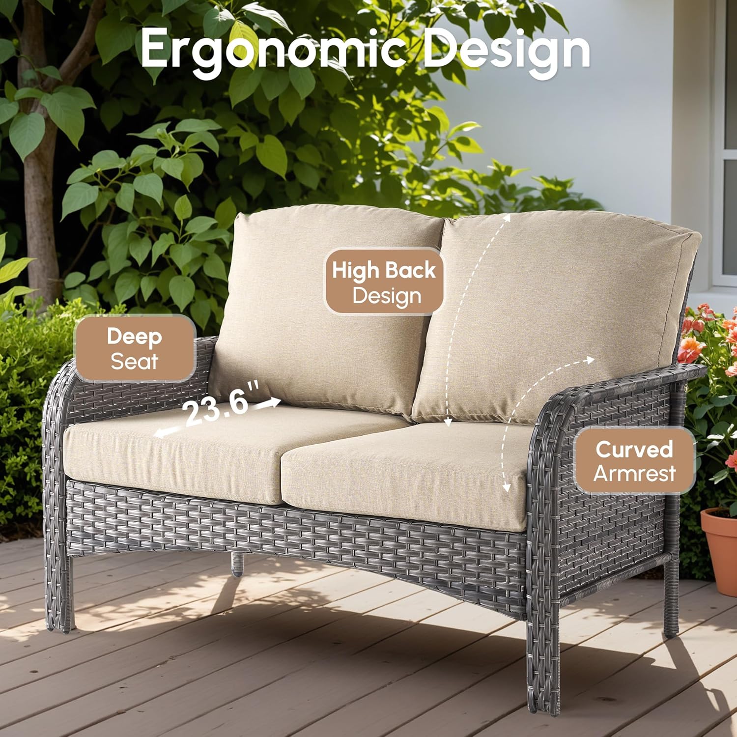4 Pieces Wicker Patio Furniture - All-Weather PE Wicker Outdoor Conversation Bistro Set Loveseat Chairs with Table,Outdoor Rattan Sofa Chair High Back Deep Seating,Beige