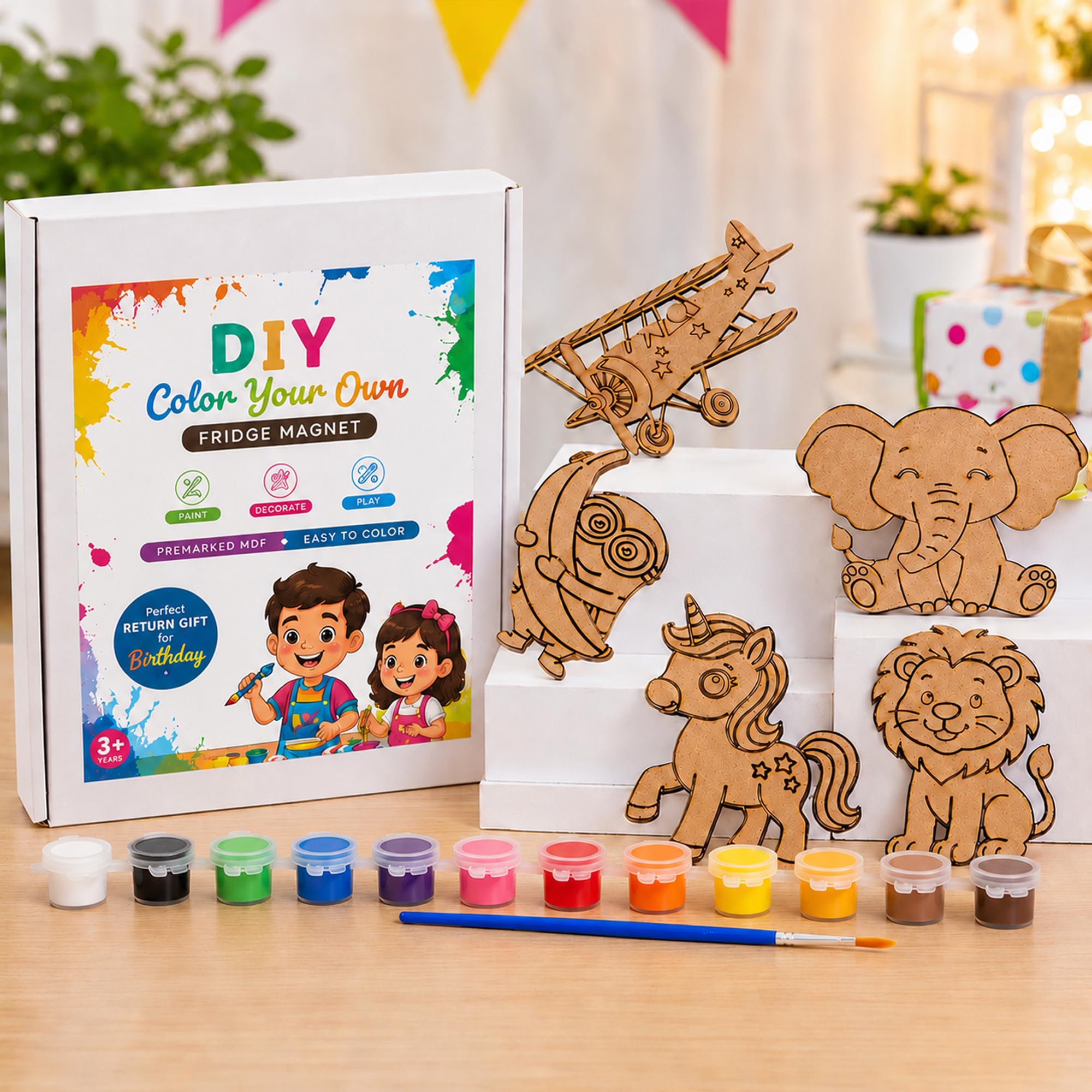 THE FINE FRAMER DIY Fridge Magnet Craft Kit with 5 Pre-Marked MDF Cut Outs, 12 Paint Colors & 1 Painting Brush, Return Gifts for Birthday | Birthday Gift for Kids | Coloring kit (1)-image-46