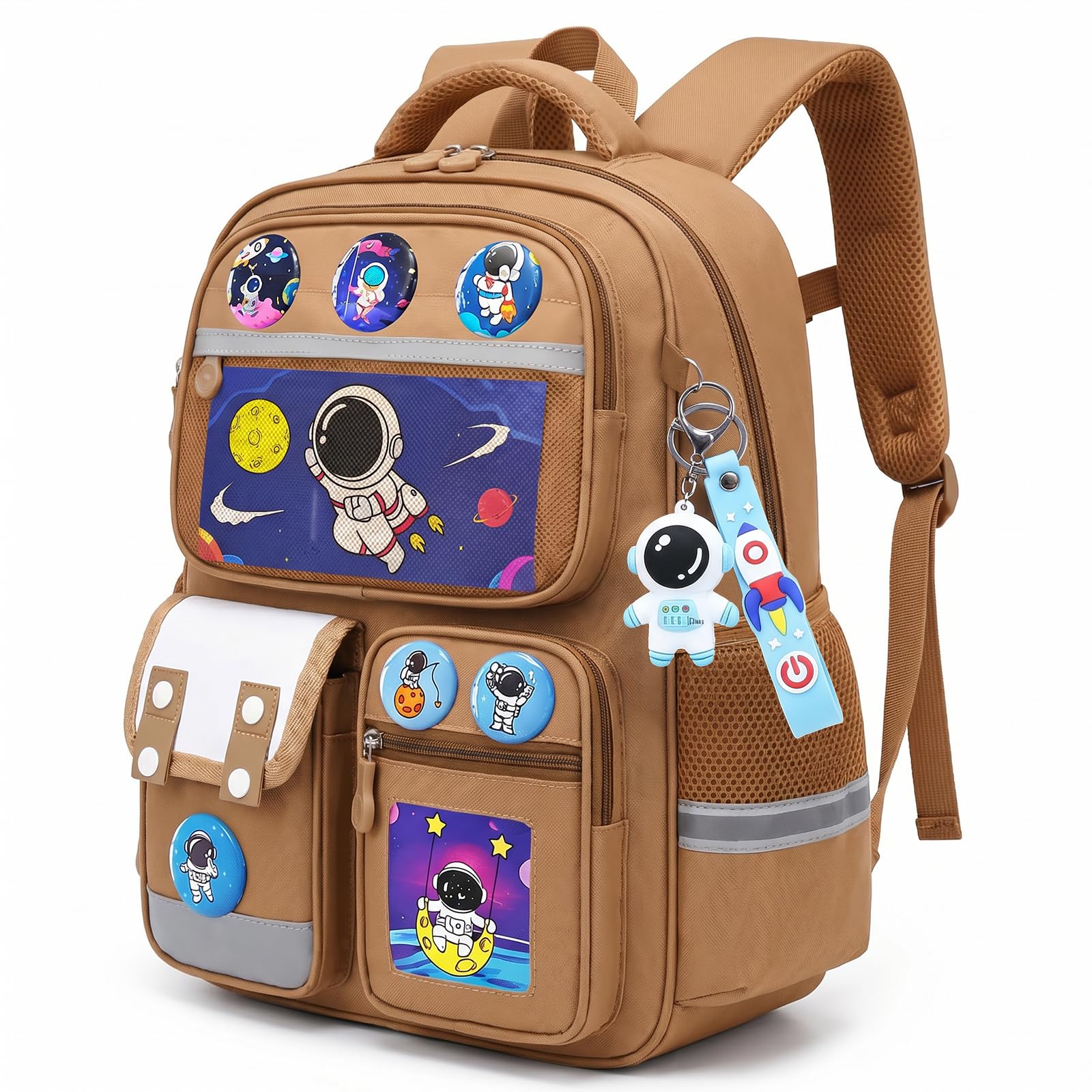 Amythe Zaino Bambino Scuola Elementare 8-12 Anni – Zaino Ergonomico Leggero con Strisce Riflettenti, Scomparto A4, Oxford 600g – Astronauta per Rientro a Scuola -Marrone