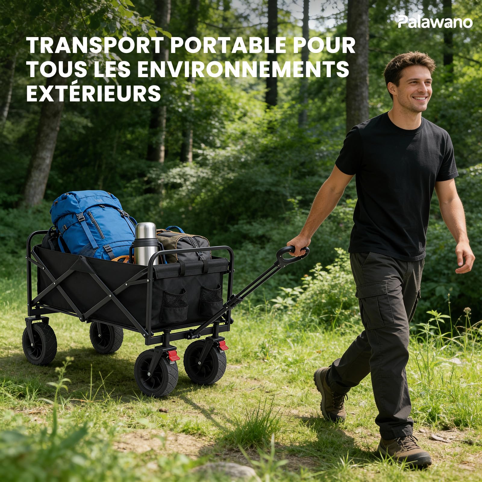 Palawano 150L Chariot Pliable à roulettes, Chariot Pliant de Transport Tout Terrain pour Camping Plage et Jardin, Chariot de Peche avec Freins et Poignée Réglable