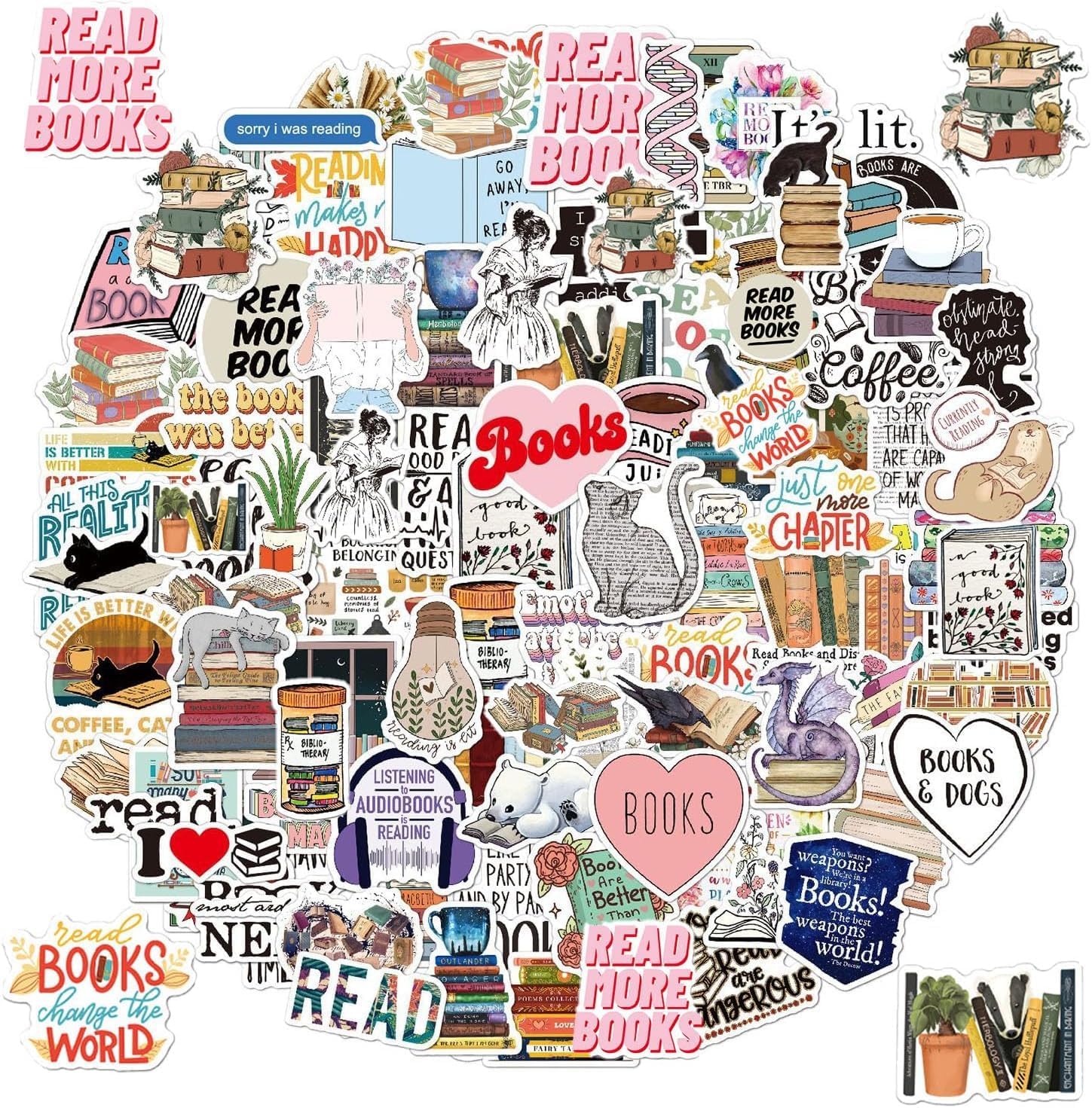 Neuleben Pack of 200 Book Stickers, Reading Vintage Sticker Pack, Reading Sticker Set, Waterproof Vinyl Graffiti Vintage Decal for Laptop, Skateboard, Luggage, Teenagers, Teachers