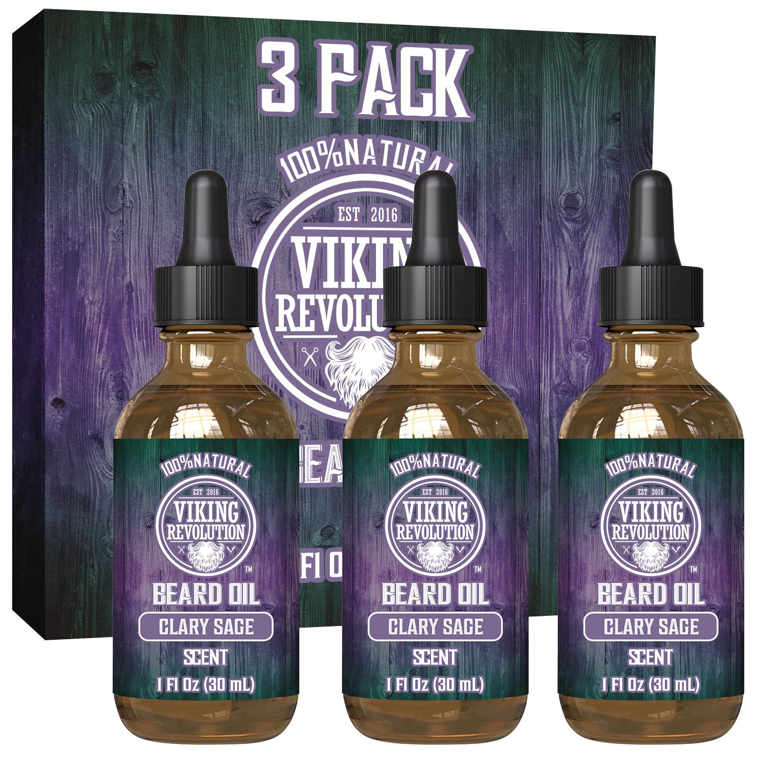 Viking Revolution Beard Oil Conditioner - All Natural Clary Sage Scent with Argan & Jojoba Oils - Promotes Beard Growth - Softens & Strengthens Beards and Mustaches for Men (3 Pack)