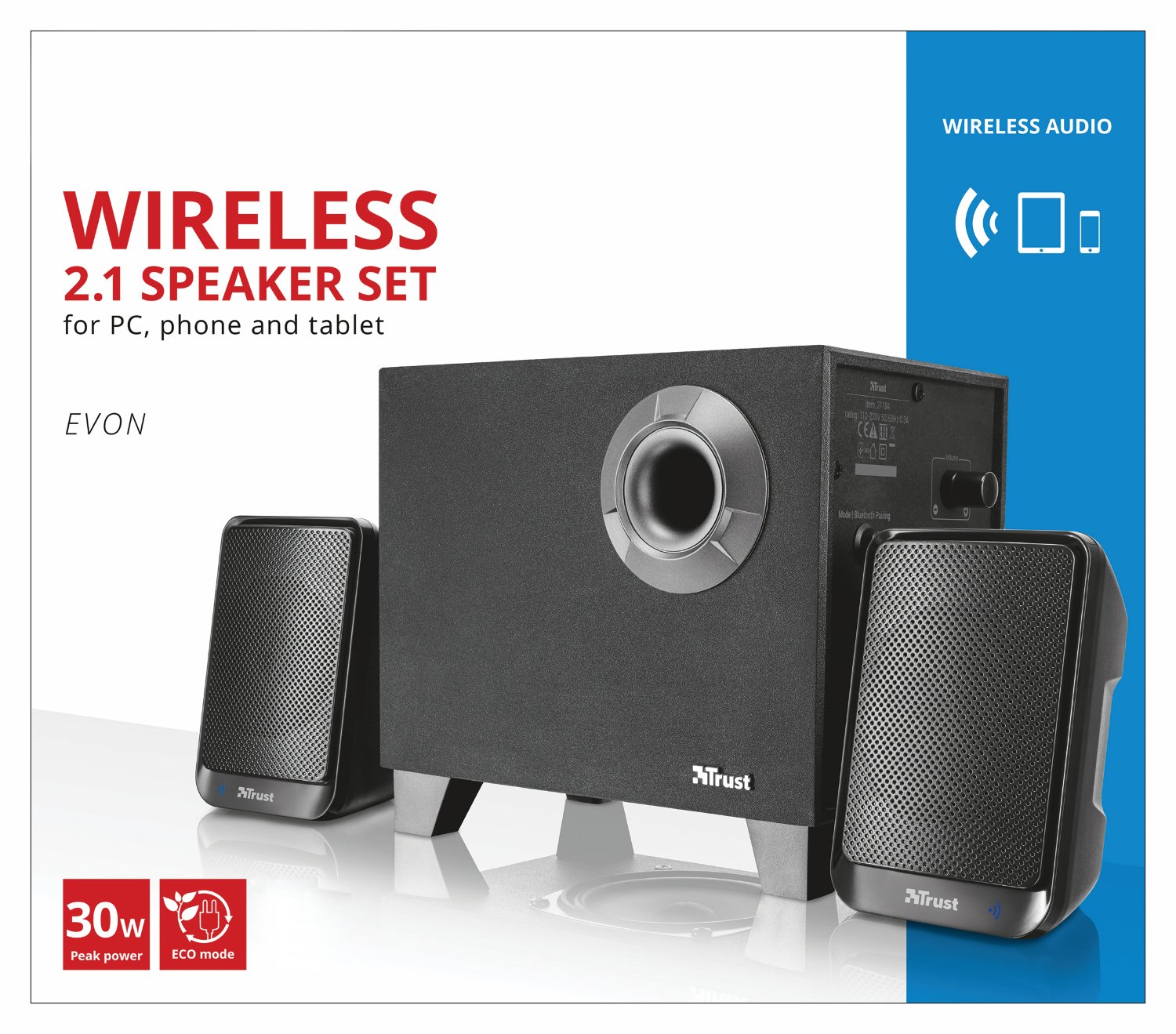 Trust Evon PC Bluetooth Speaker System with Subwoofer for Computer,  Laptop, Tablet and Smartphone, 30 W, UK Plug, Black