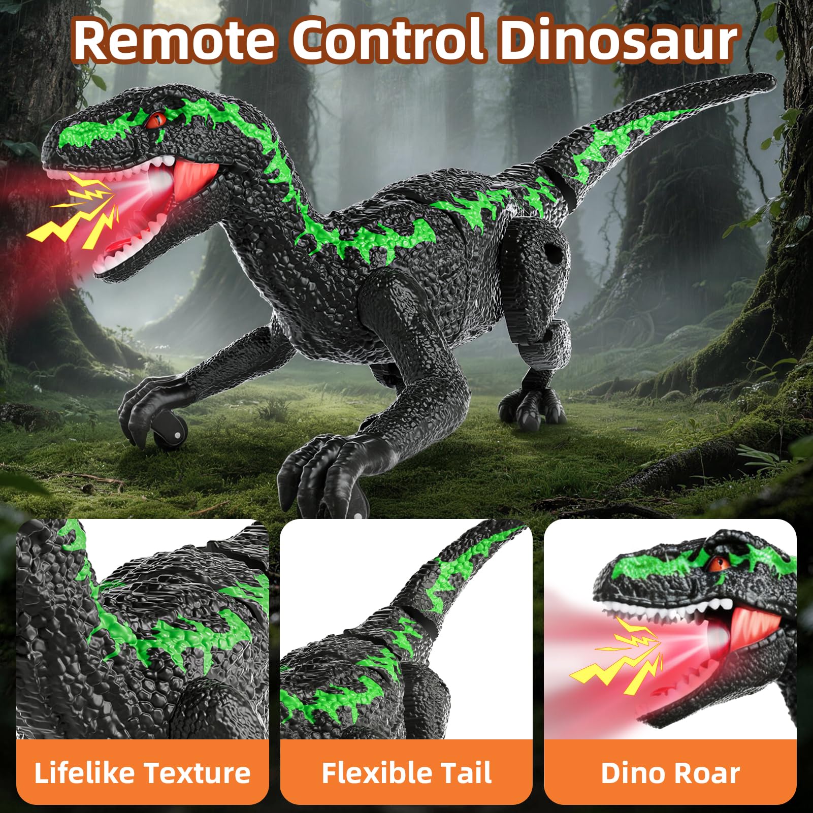 Dinosauro radiocomandato verde, regalo di compleanno per bambini 3-12 anni. Modello robot realistico con cammino, ruggiti ed effetti luce LED
