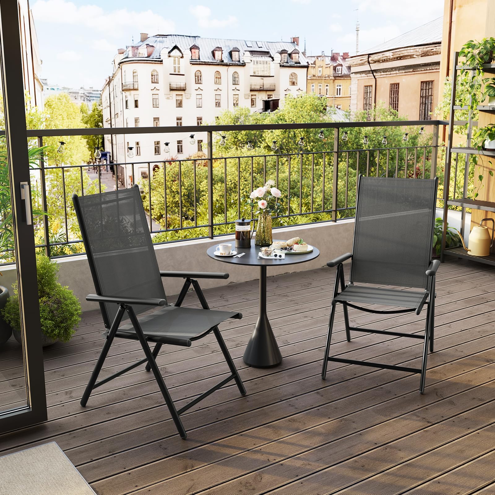 eSituro 2er Gartenstuhl Hochlehner Klappbar 7-Fach Verstellbare Rückenlehne Klappstühle 150 kg Belastbar Campingstuhl Balkonstuhl Klappsessel Garten Terrasse, Schwarz Grau