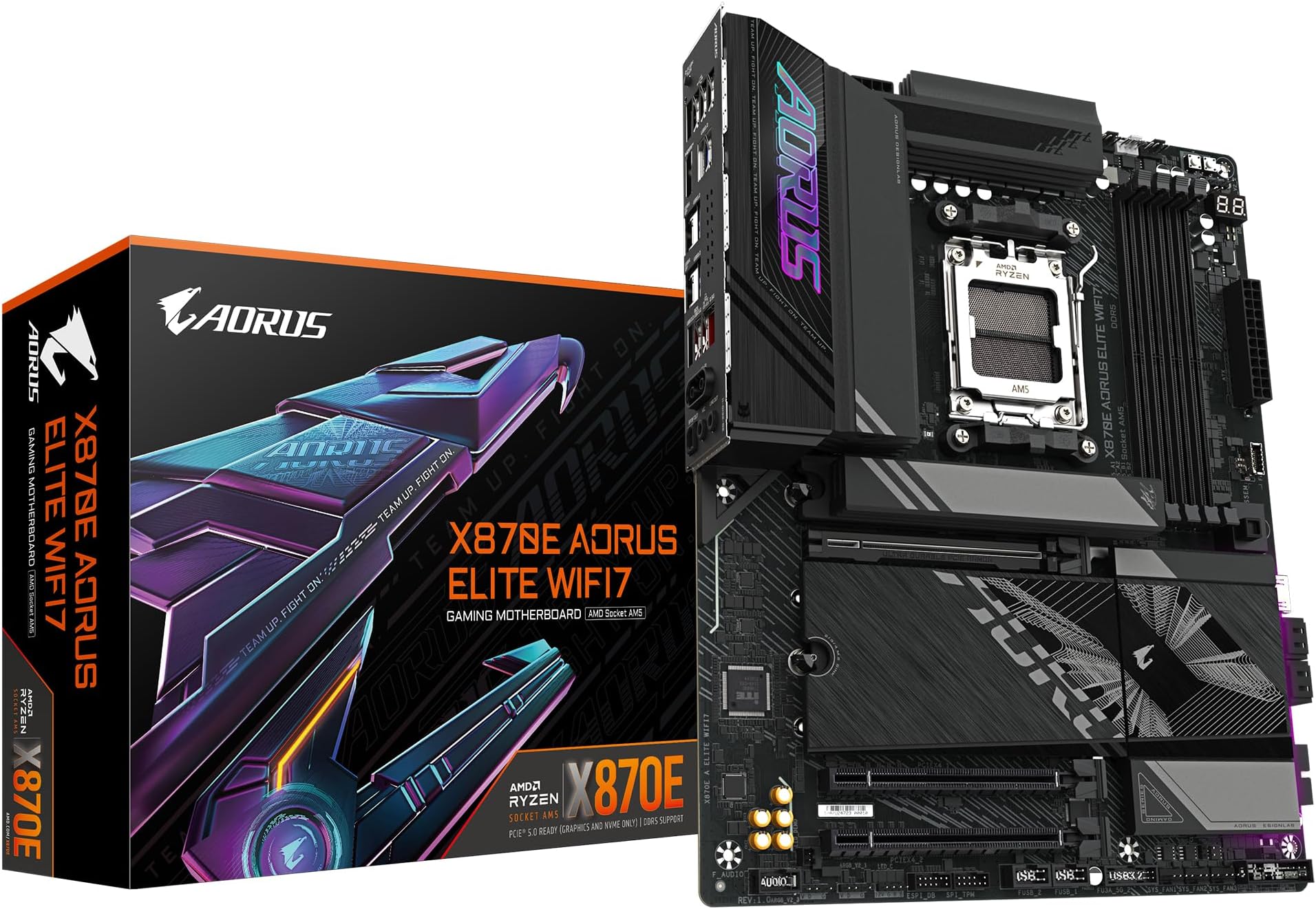 GIGABYTE X870E AORUS ELITE WIFI7 Motherboard - Supports AMD Ryzen 9000 CPUs, 16+2+2 Phases Digital VRM, up to 8000Hz DDR5 (OC), 3xPCIe 5.0, Wi-Fi 7, 2.5GbE LAN, USB 4