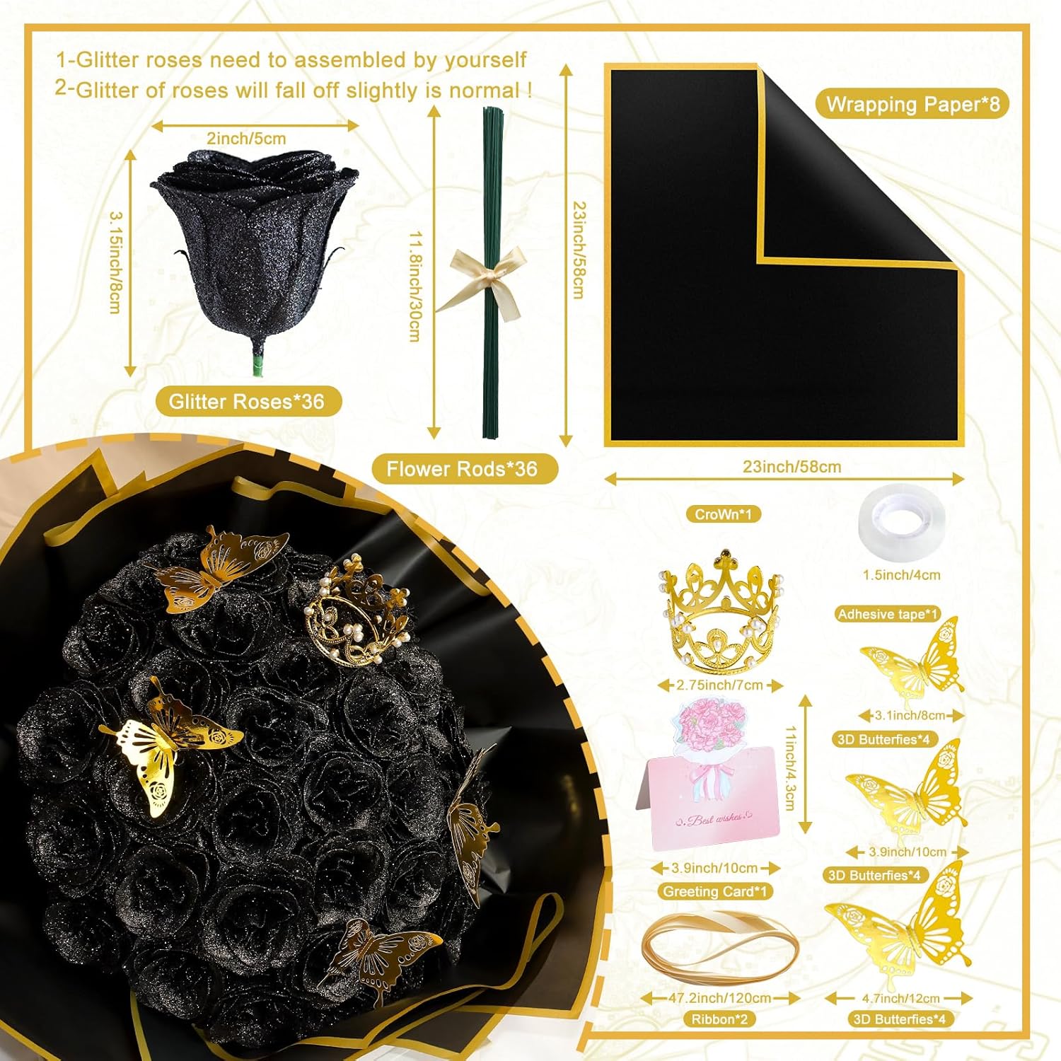 CCYXSHOW DIY Glitter Roses Bouquet Black 36 Fake Rose Glitter Bouquet Artificial Eternal Floral Bouquets for Halloween Elegance Wedding Bouquets Anniversary Birthday Party Gifts for Her - Image 4