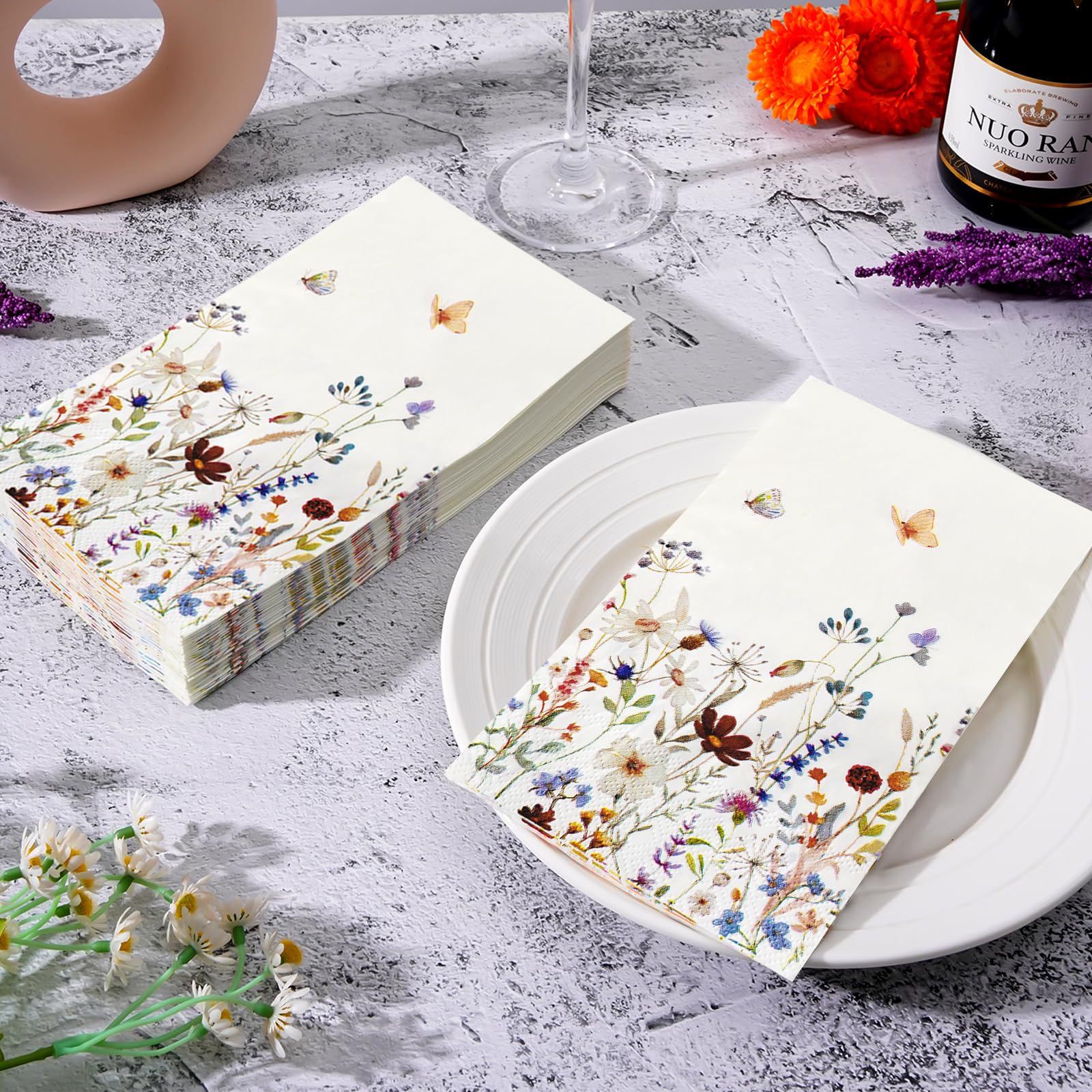 Hunanyume 100 servilletas vintage de flores silvestres con acuarela floral, servilletas de papel de 3 capas, toallas de mano desechables para baño, boda, baby shower, fiesta de cumpleaños