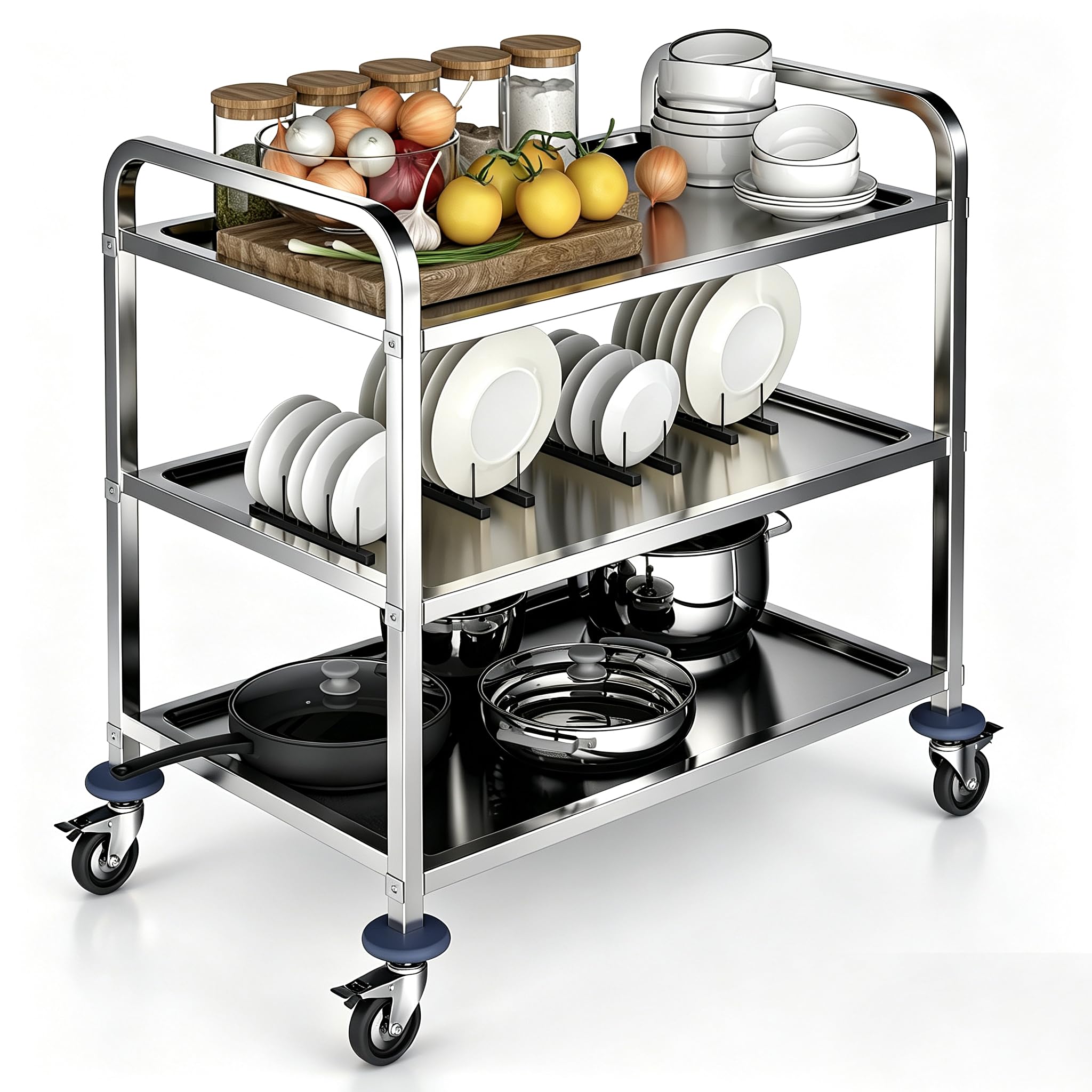 BPT - Carrello da servizio in acciaio inox con 3 ripiani, 200 kg, per ristorante, hotel, scuole