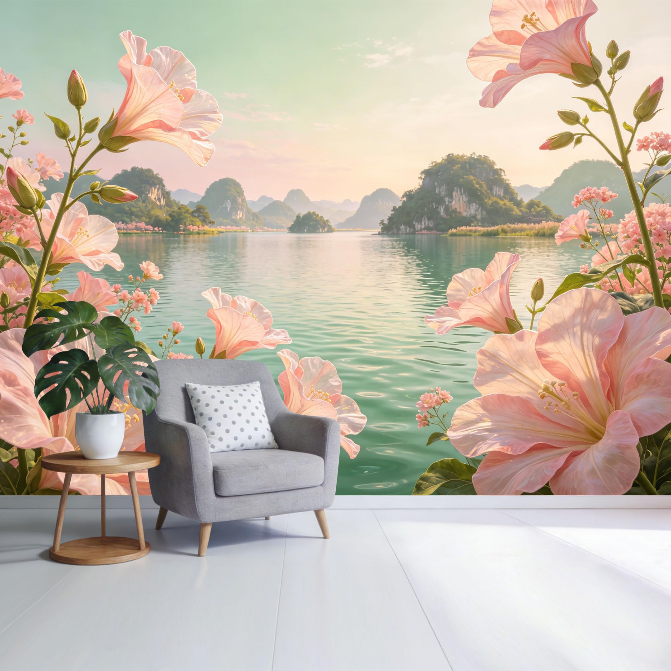 Custom Size Wall Mural Pink Hibiscus Lake Landscape Watercolor Botanical Scenic View SelfAdhesive Wall Fabric Removable Wallpaper for Home Office Decor
