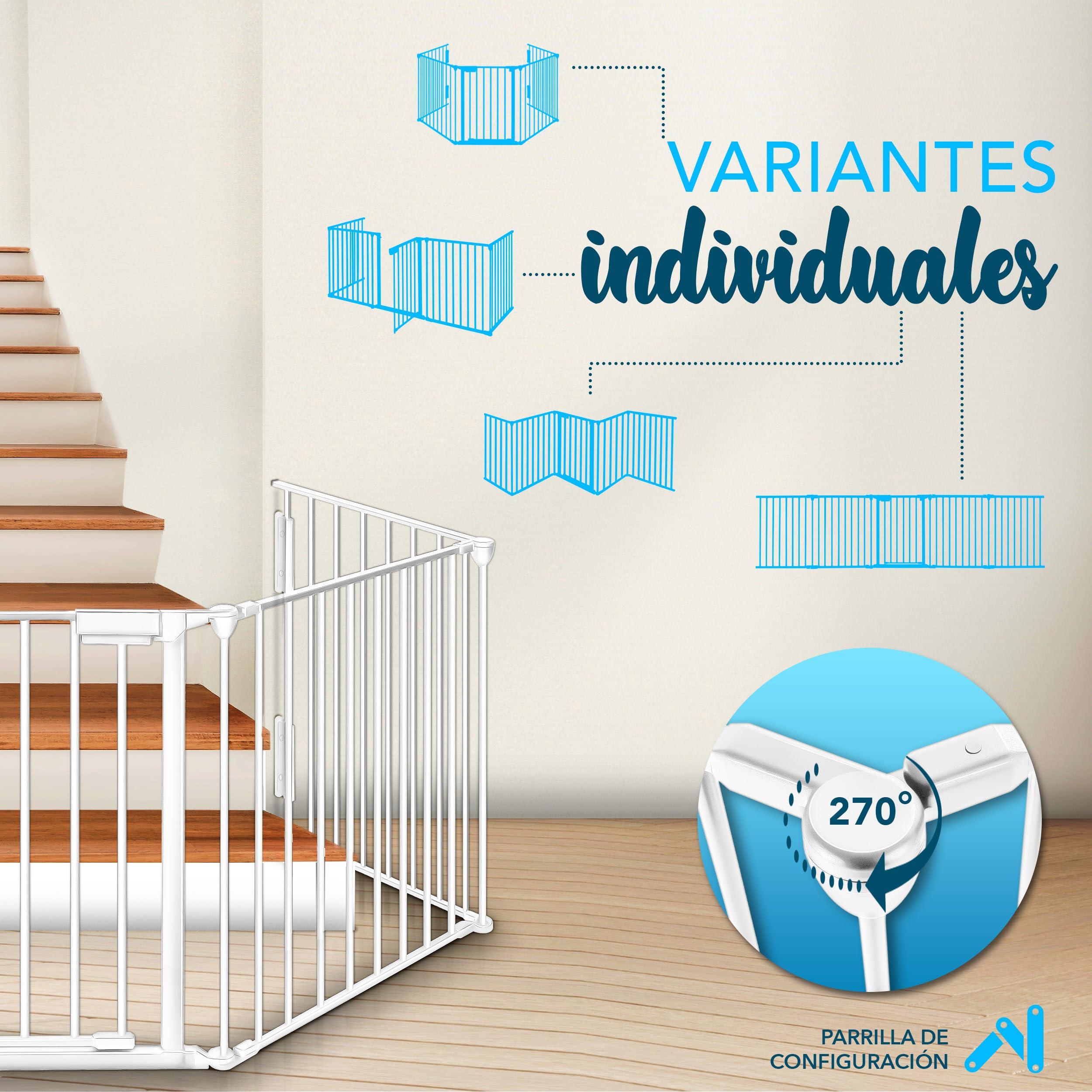 KIDUKU® Barrera de Seguridad 300 cm para Niños y Mascotas | Reja de Protección de Metal - Premontado | Rejilla Protectora Metálica Plegable con Puerta | 5 Paneles