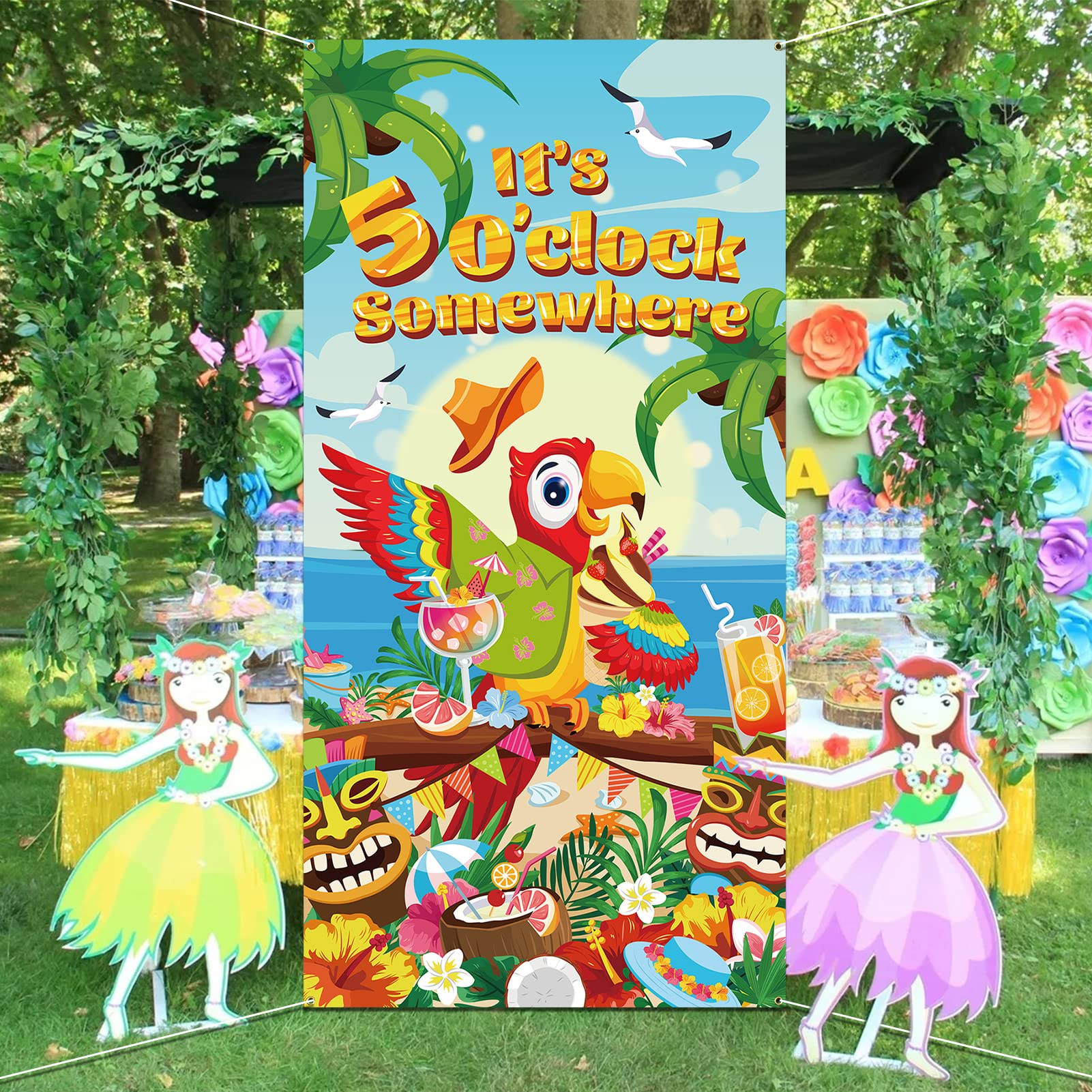 Toile De Fond D'été « It's 5 O' Clock Somewhere » - Bannière De Perroquet Tropical - Décoration Hawaïenne - Fond En Polyester - Pour Cocktails
