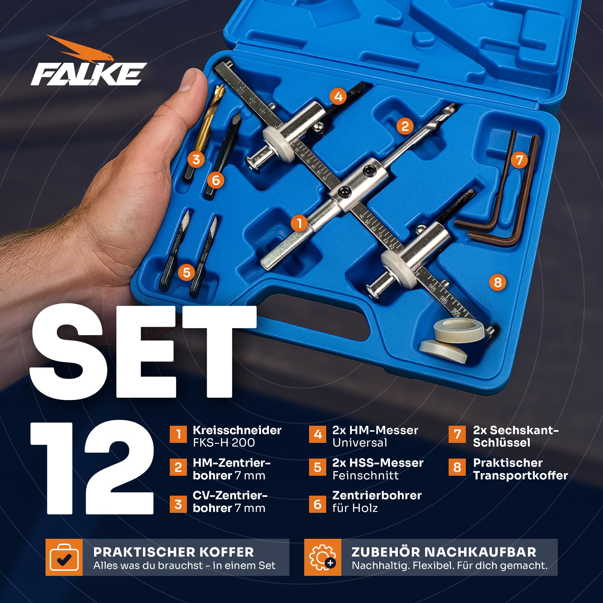 Falke Kreisschneider FKS-H 200 - Universal für Holz, Kunststoff, Gipskarton | Durchmesser stufenlos einstellbar (40-200 mm) - Verstellbare Lochsäge