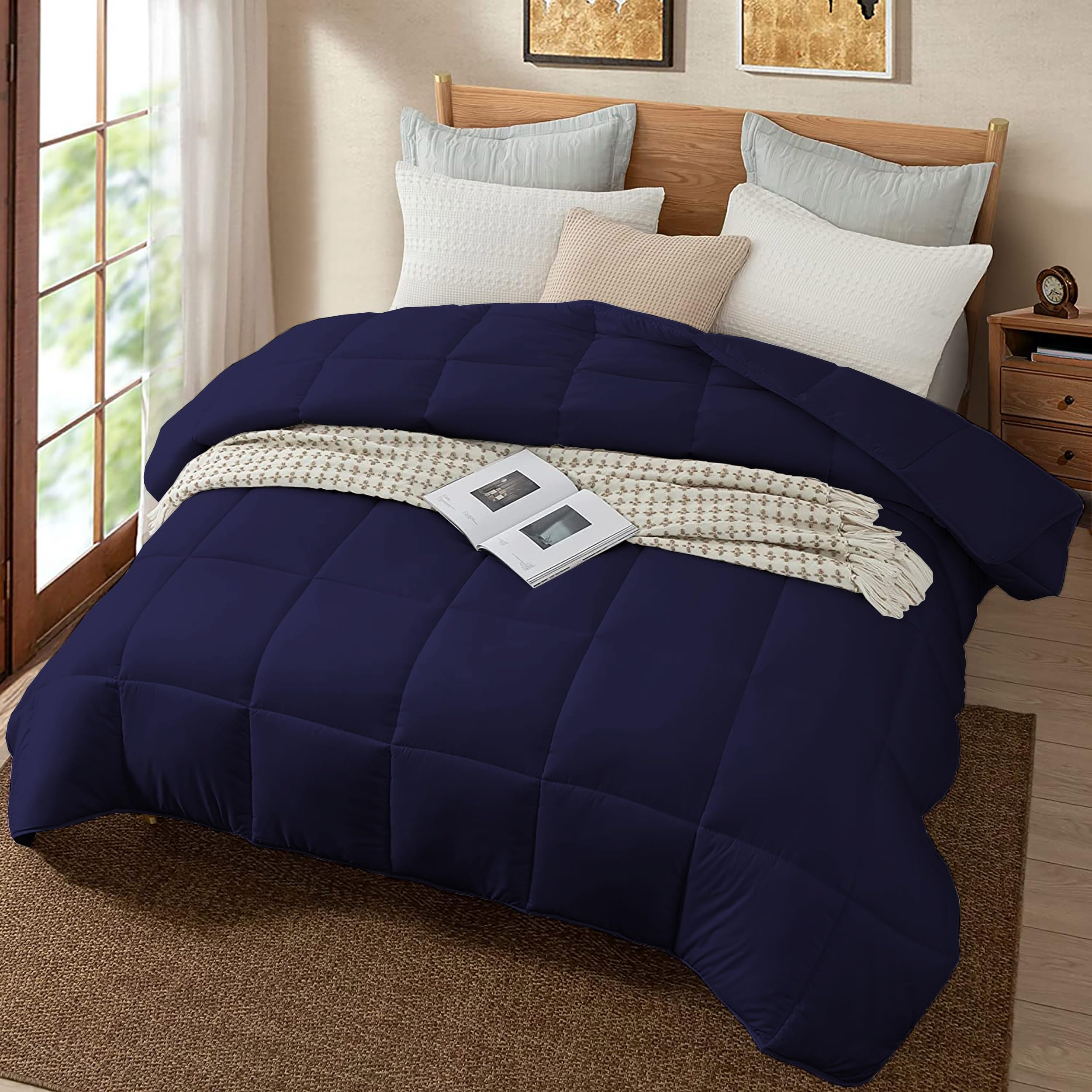 PURE ECO 200 GSM All Season Comforter King Size Bed Blanket for Summer Hotel Luxury Soft Microfiber Lightweight (90" X 106" Inches) - King Size Bed Comforter - Navy Blue Color-image-29
