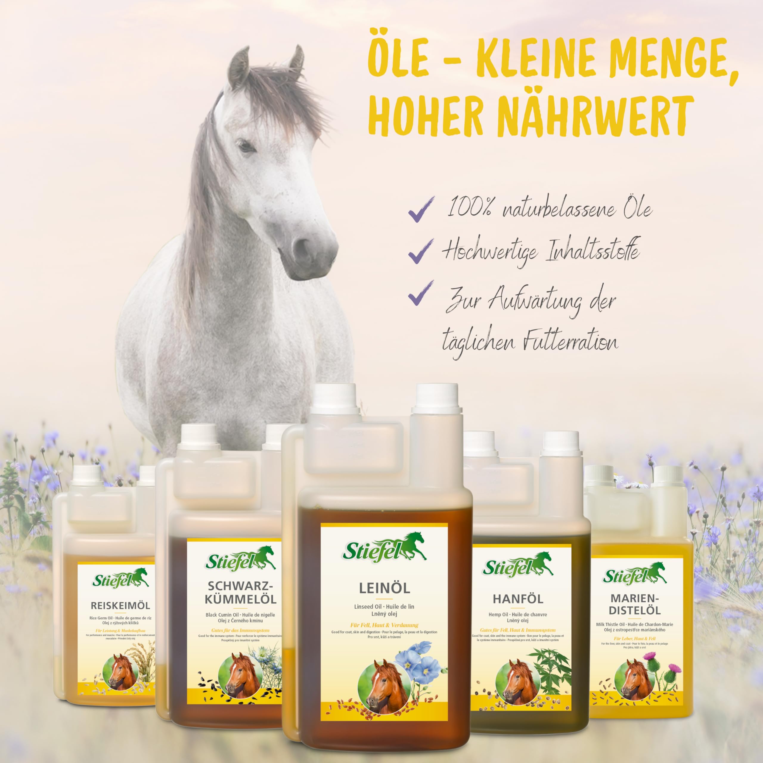 Stiefel Aceite de linaza para Caballos, 100% Natural, prensado en frío, favorece el Cambio de Pelaje, la digestión y la Piel, líquido con Botella dosificadora, 1 l