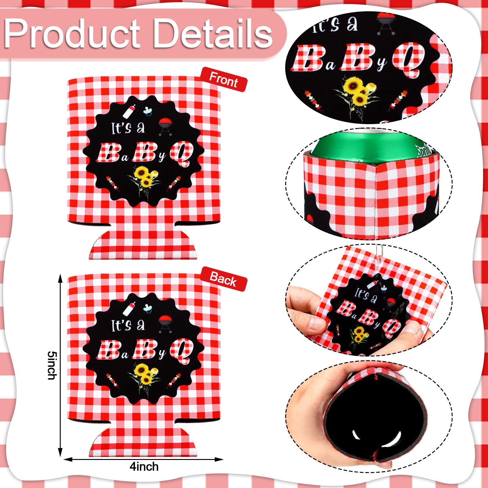 24 Count BBQ Baby Shower Decorations Babyq Baby Shower Party Can Cooler Sleeves Soft Insulated Foam Skinny Coolers Can Sleeves for Birthday Party Decoration