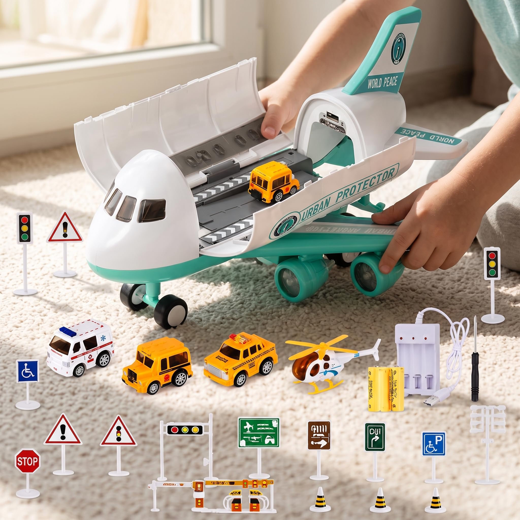 Aereo Giocattolo per Bambini con Veicoli e Suoni, Gioco a Inerzia Ricaricabile, aereo polistirolo per bambini