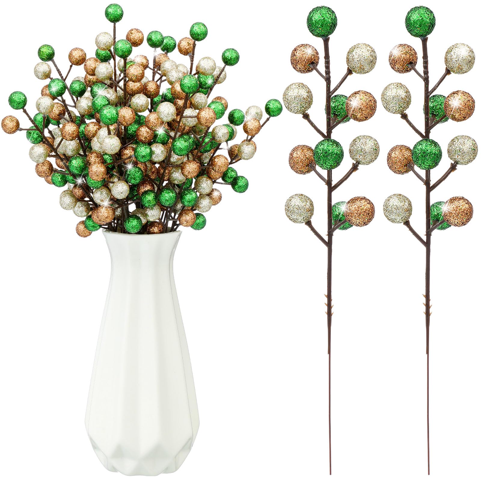 24 Pcs Christmas Glitter Berries Stems, 8.8" H Artificial Christmas Picks for Xmas Tree Ornaments, Holiday Wreath DIY Crafts, Xmas and Home Decor(Green, Brown, Beige)