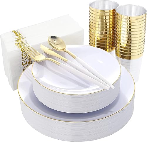Nervure 140 platos de plástico blanco y dorado, platos desechables dorados para fiesta, 20 platos llanos, 20 platos de postre, 60 cubiertos de