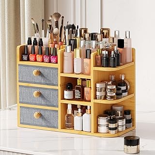 Large Bamboo Makeup Organizer For Vanity, Large Capacity 3 Tiers Bamboo Bathroom Counter Organizers and Storage, Countertop Make Up Skin Care Holder with 3 Brush Holders 3 Drawers 7 Compartments