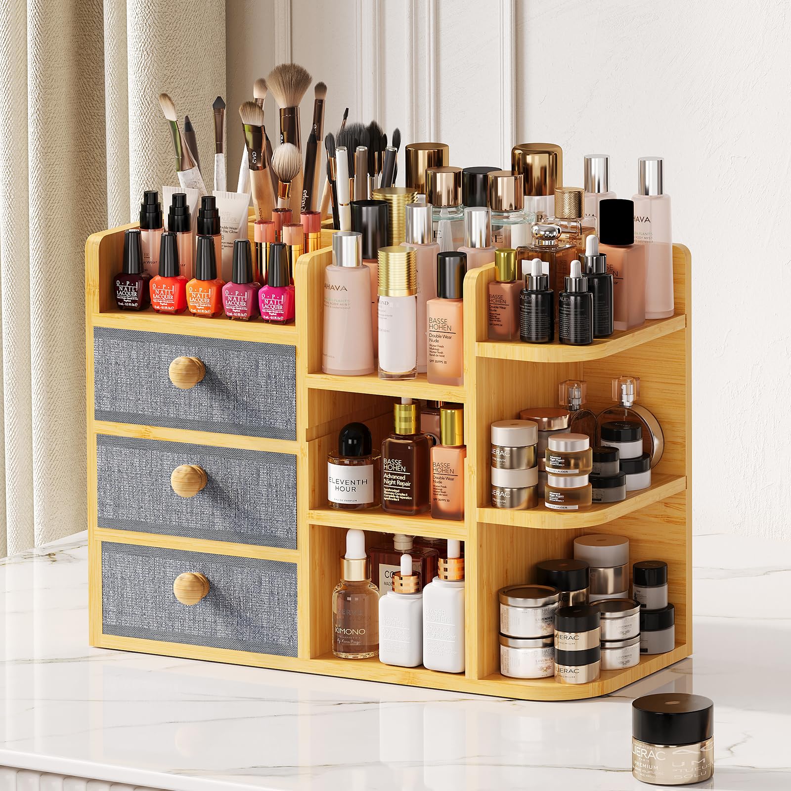 Large Bamboo Makeup Organizer For Vanity, Large Capacity 3 Tiers