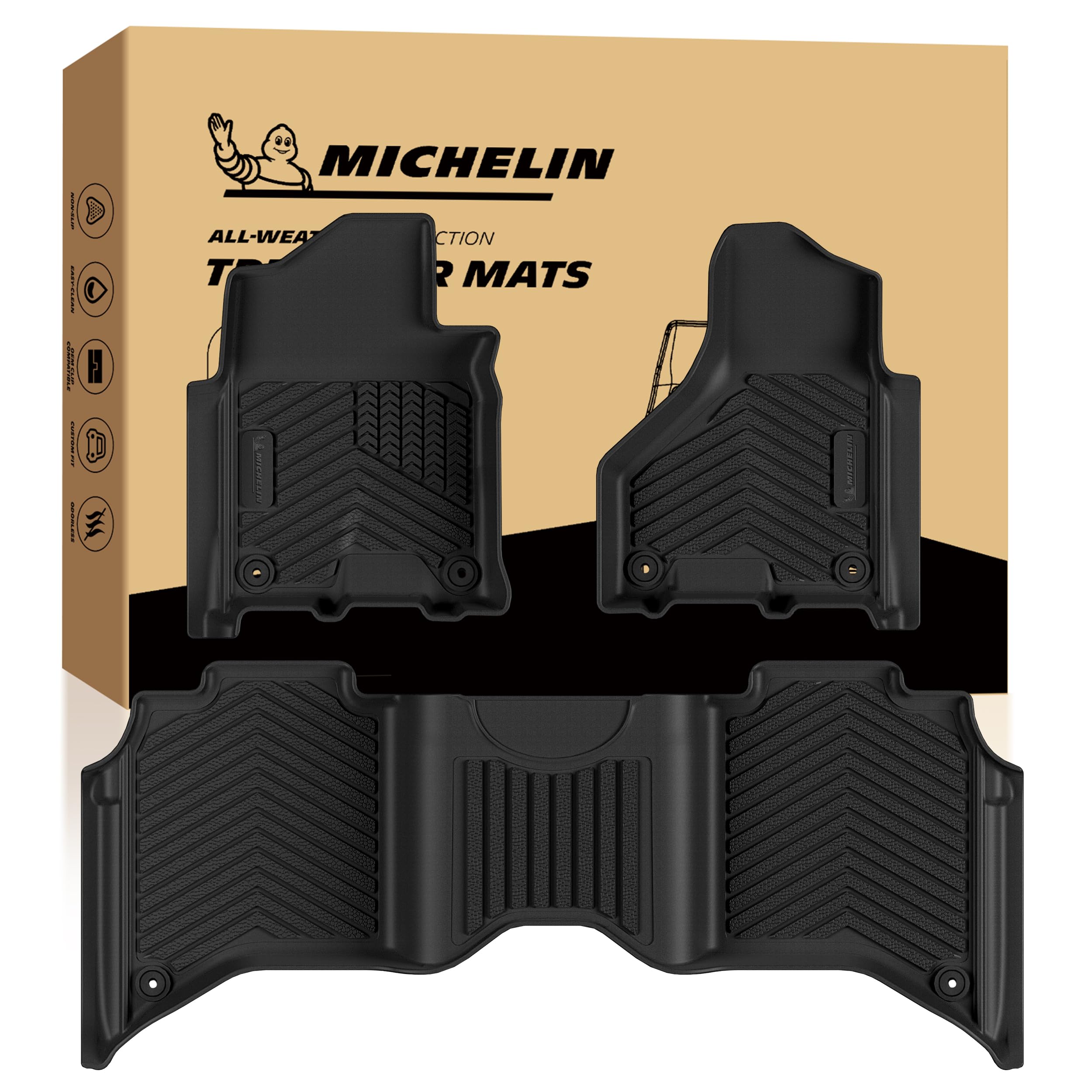 Michelin 차량 매트, 전천후 TPE 맞춤형 핏 라이너, 2019-2026 램 2500/3500 크루 캡 버킷 시트 카펫 바닥, 프리미어
