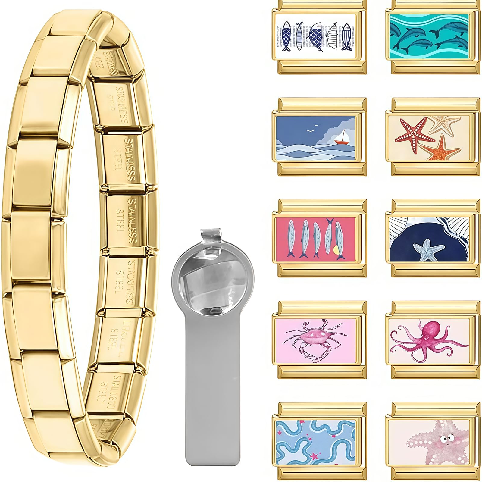 Pulsera Italiana de Encantos Conjunto de Brazalete Dorado con 1 Pulsera Inicial, 10 Encantos Italianos Temáticos del Océano con Herramienta de Apertura, 9 mm Encantos Italianos Modulares,