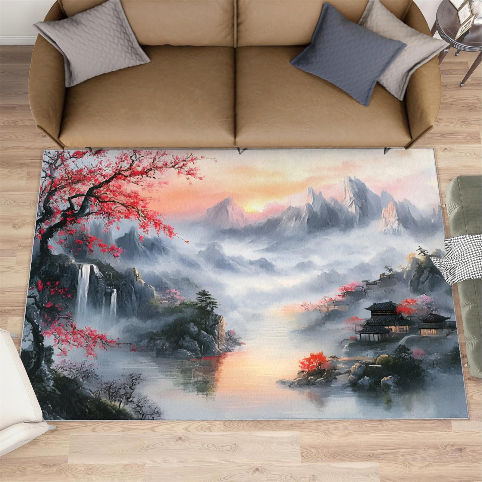 Classical Chinese Area Rugs 4x5 - Landscape Scenery Rug for Entryway, Retro Elegant Washable Entry Way Rugs Kids Carpet for Inside House Playroom Living Room End Table Nursery