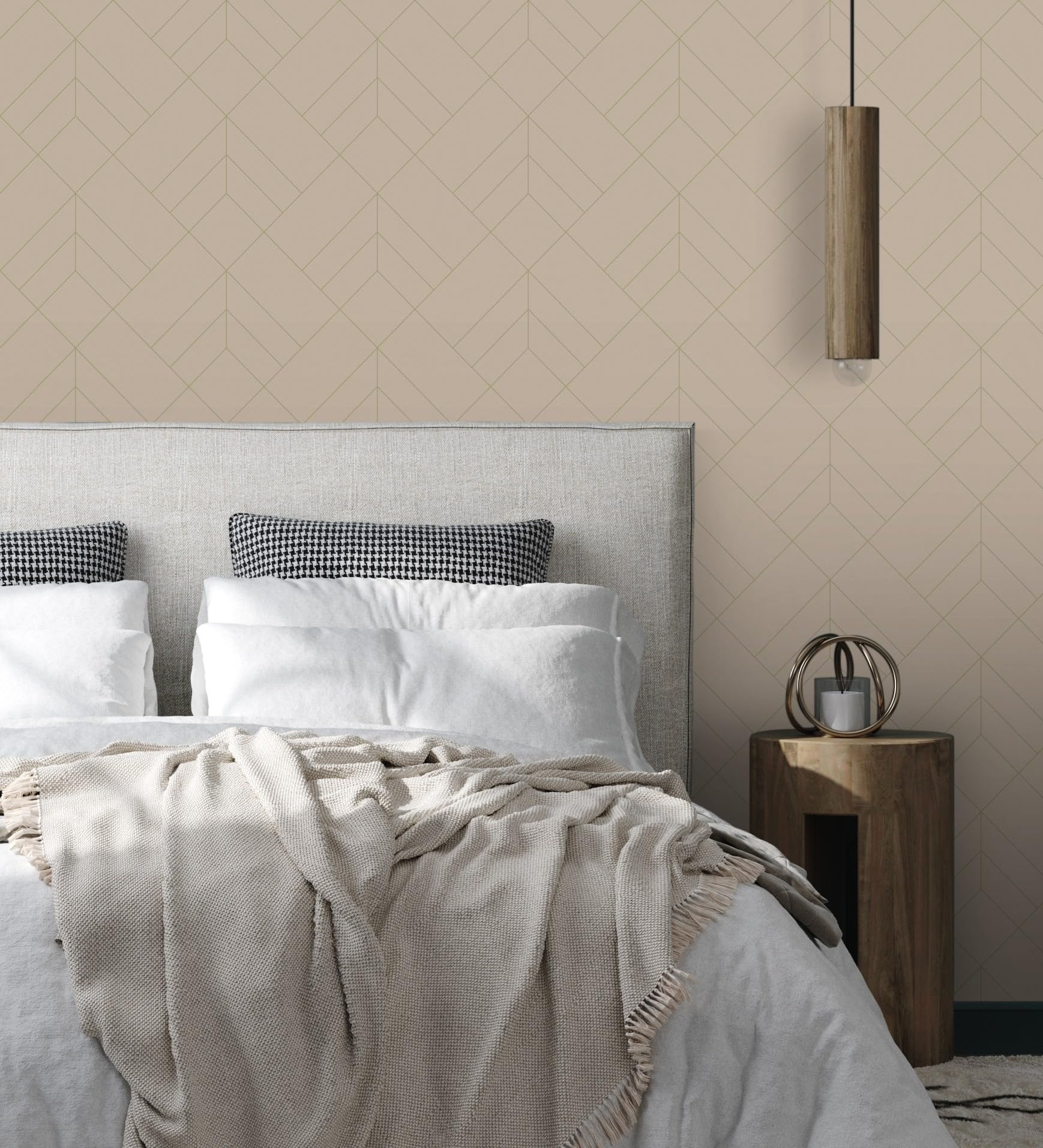 GAULAN 682085 - Papel pintado geométrico de rombos con líneas doradas fondo nude estilo Art déco para pared salón cocina baño dormitorio pasillo - Rollo de 10 m x 0,52 m