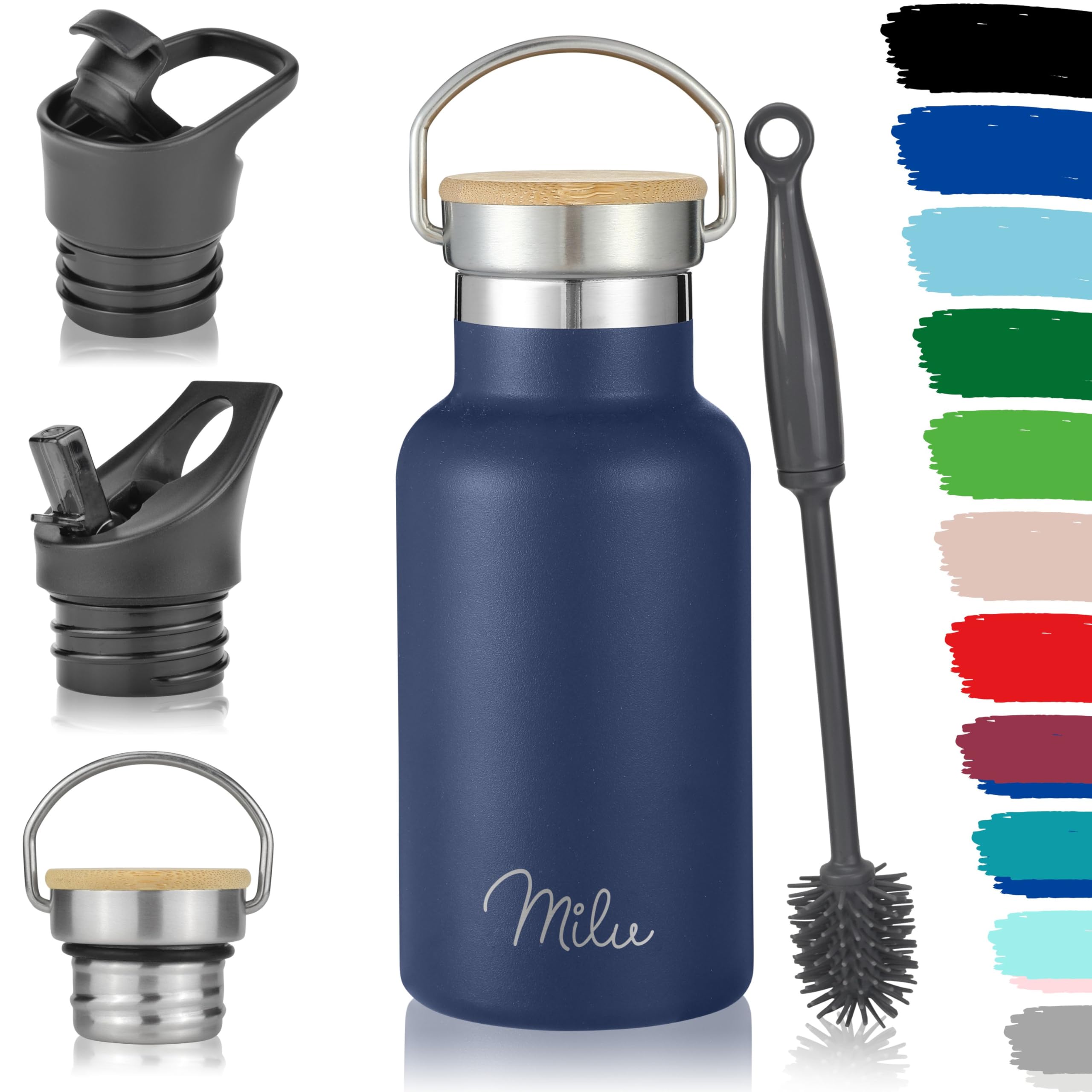 Milu Edelstahl Trinkflasche (+3 Deckel) Thermosflasche mit Strohhalm Isolierte Wasserflasche für Kinder 350 ml