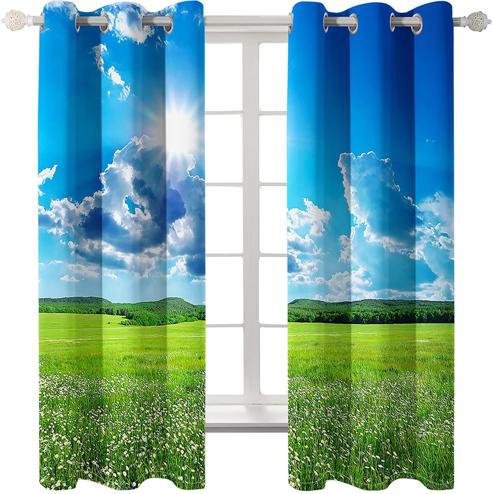 Zasłony do salonu, 213 cm długości, zasłony zaciemniające do pokoju, 2 zestawy paneli 60 szer. x 213 cm dł. słońce, łąka, niebo, krajobraz, izolacja termiczna, zasłony zaciemniające do