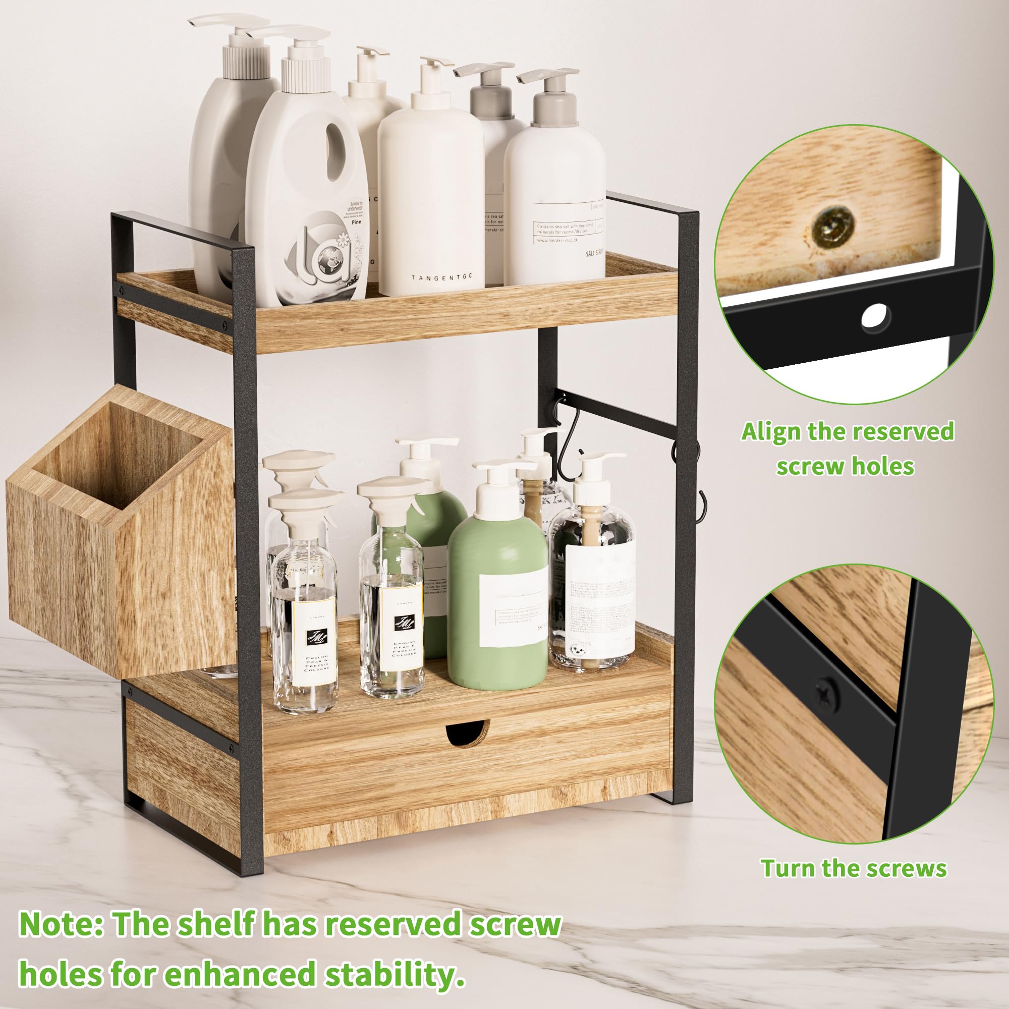 2-Tier Bathroom Counter Organizer with Drawer, Wood countertop