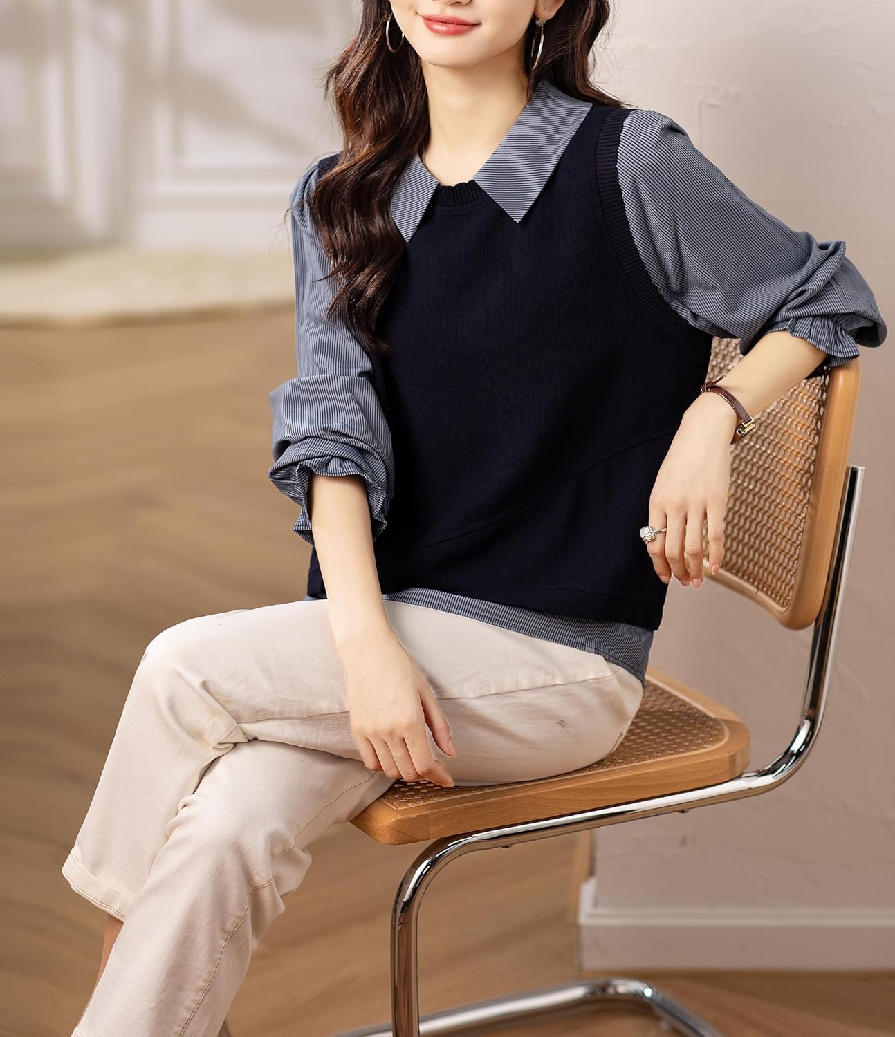 LAI MENG FIVE CATS Women's Collared Patchwork Stirpe Tops Casual Long Sleeve Pullover Blouse - Image 4