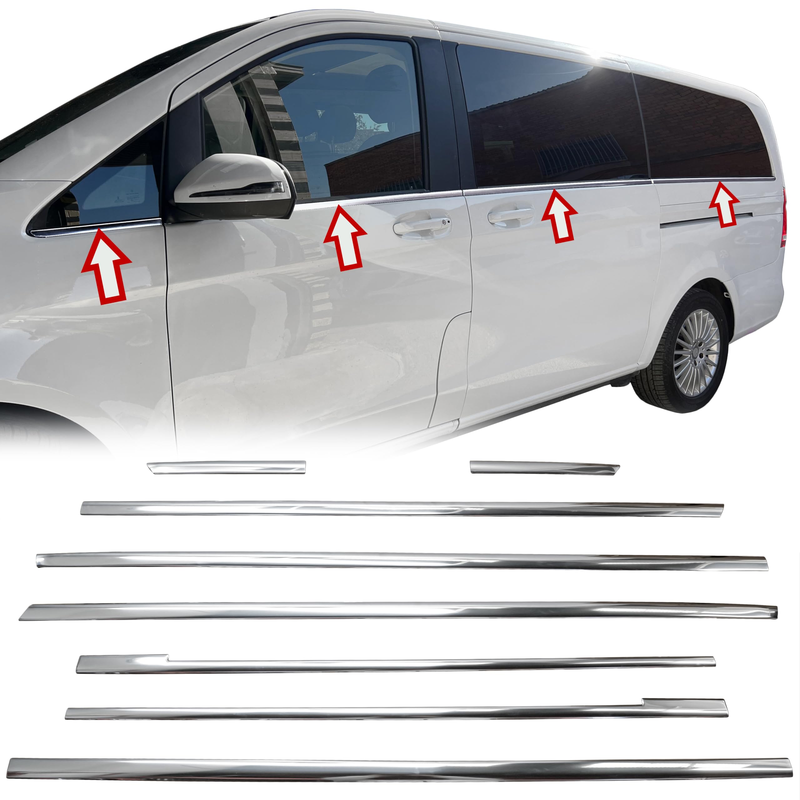 voor Mercedes Vito W447 2014 L1-L2 RVS Chroom 8 stuks raamlijsten dubbelzijdig schuifdeur