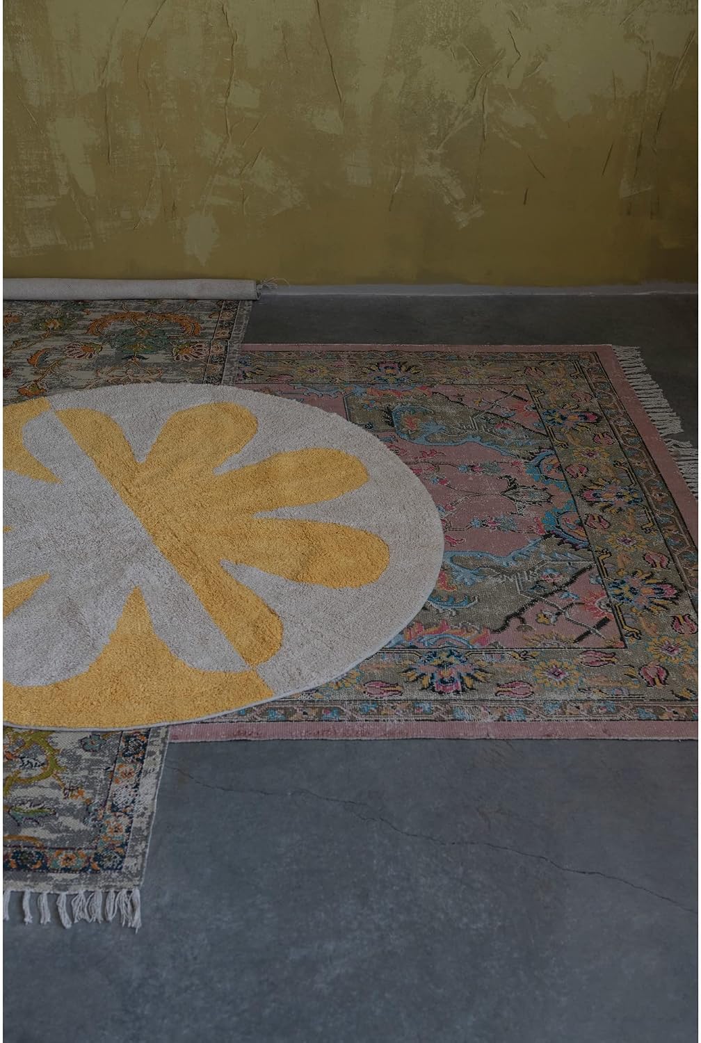 Creative Co-Op Cotton Tufted Two-Tone Flower Rug, 48" L x 48" W x 0" H, Yellow