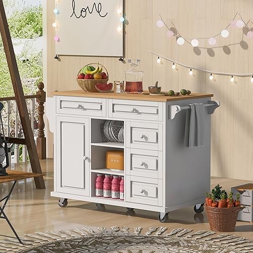 WOXYX Carrito de cocina de 53 pulgadas con madera de goma, isla de cocina móvil con almacenamiento y 5 cajones, color blanco